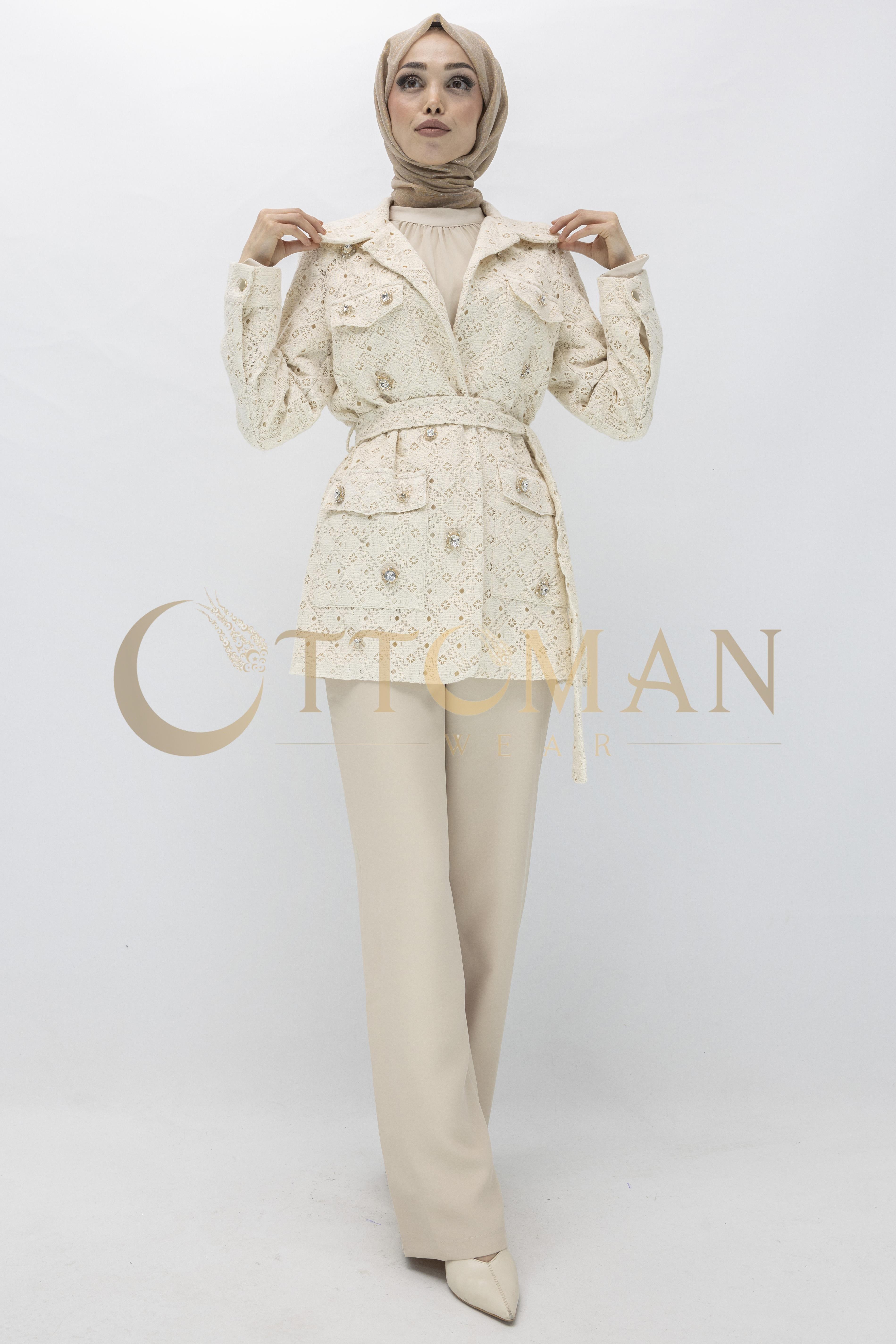 Bej Taş Düğmeli Dantel Ceket  Bej OTW14230