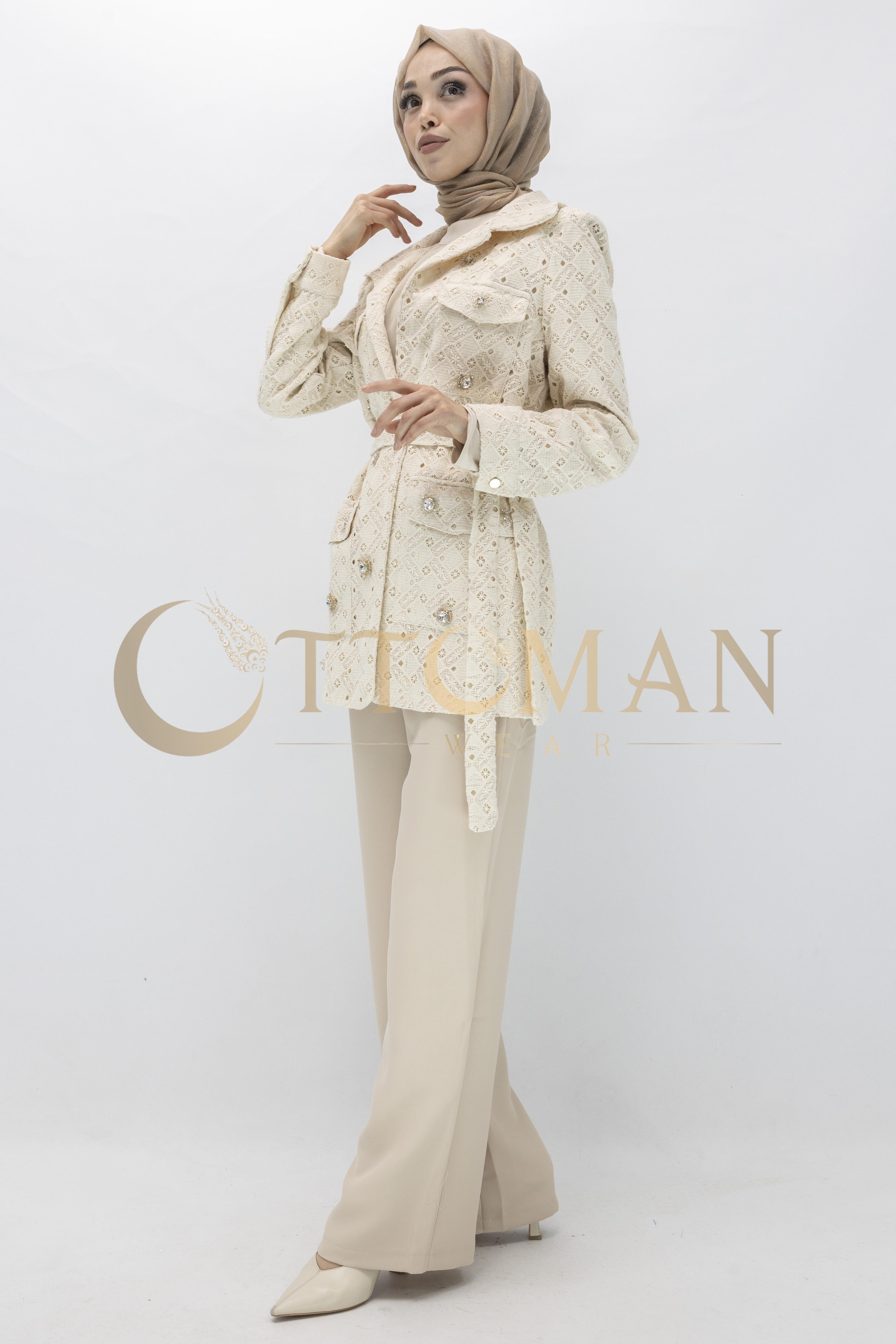 Bej Taş Düğmeli Dantel Ceket  Bej OTW14230