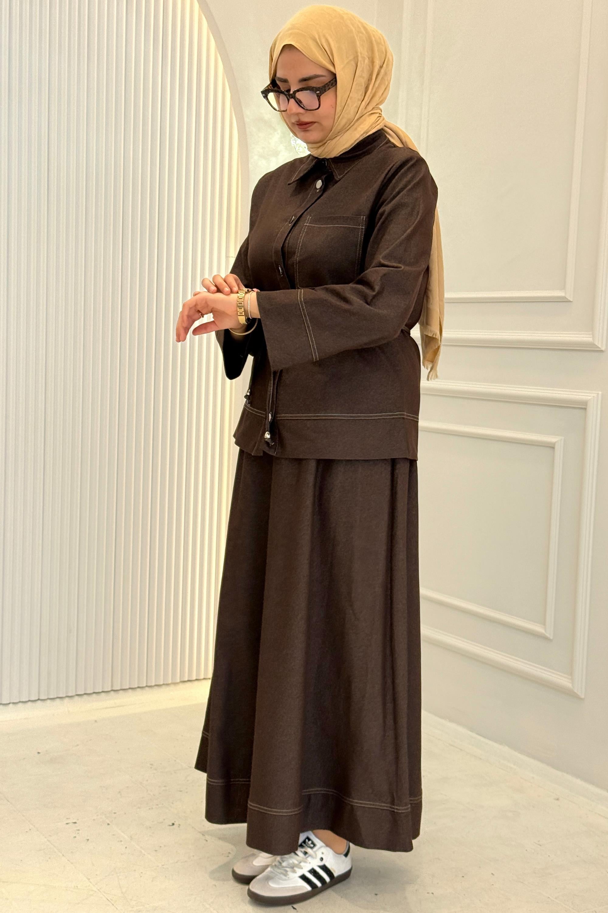 Bel Bağlamalı Kontrast Dikiş Detaylı Etekli Takım Kahve OTW8647