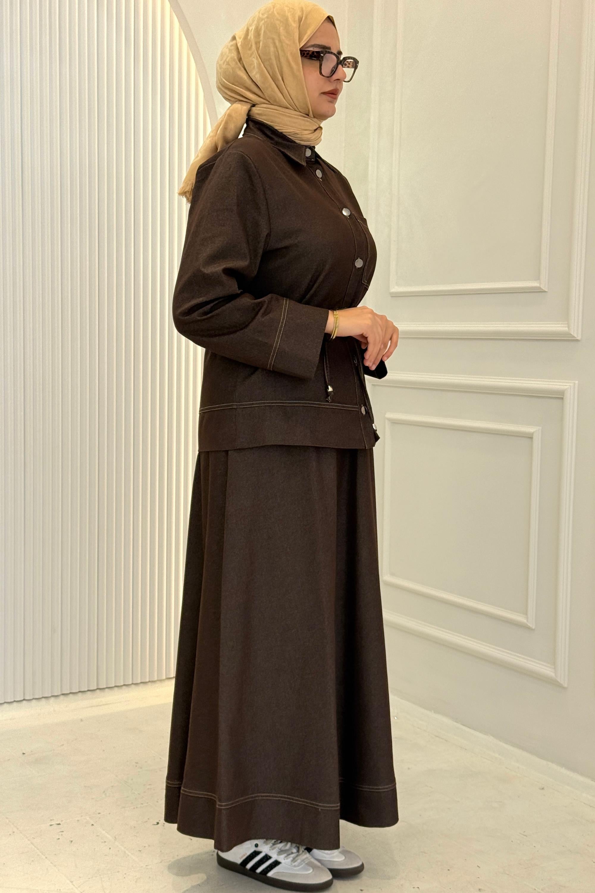 Bel Bağlamalı Kontrast Dikiş Detaylı Etekli Takım Kahve OTW8647