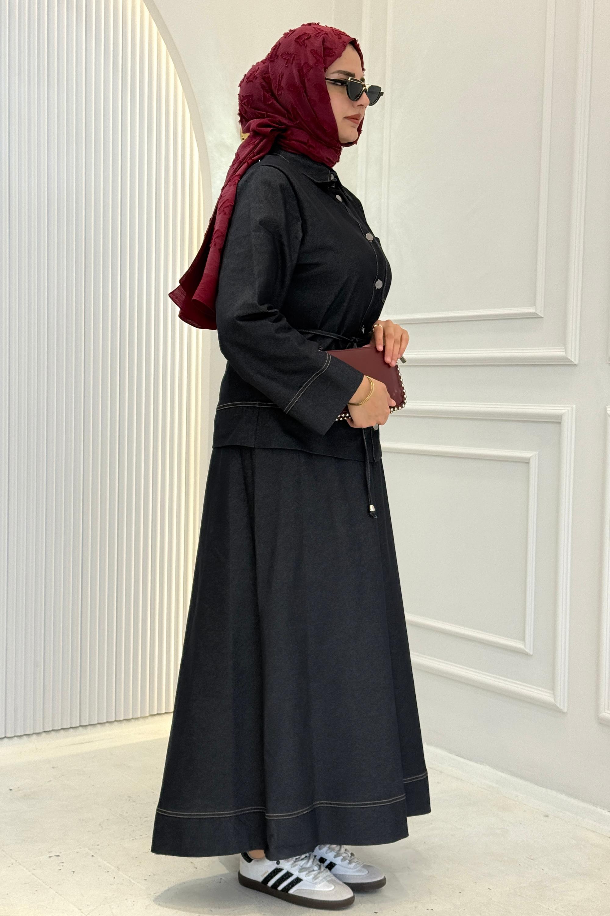 Bel Bağlamalı Kontrast Dikiş Detaylı Etekli Takım Lacivert OTW8647