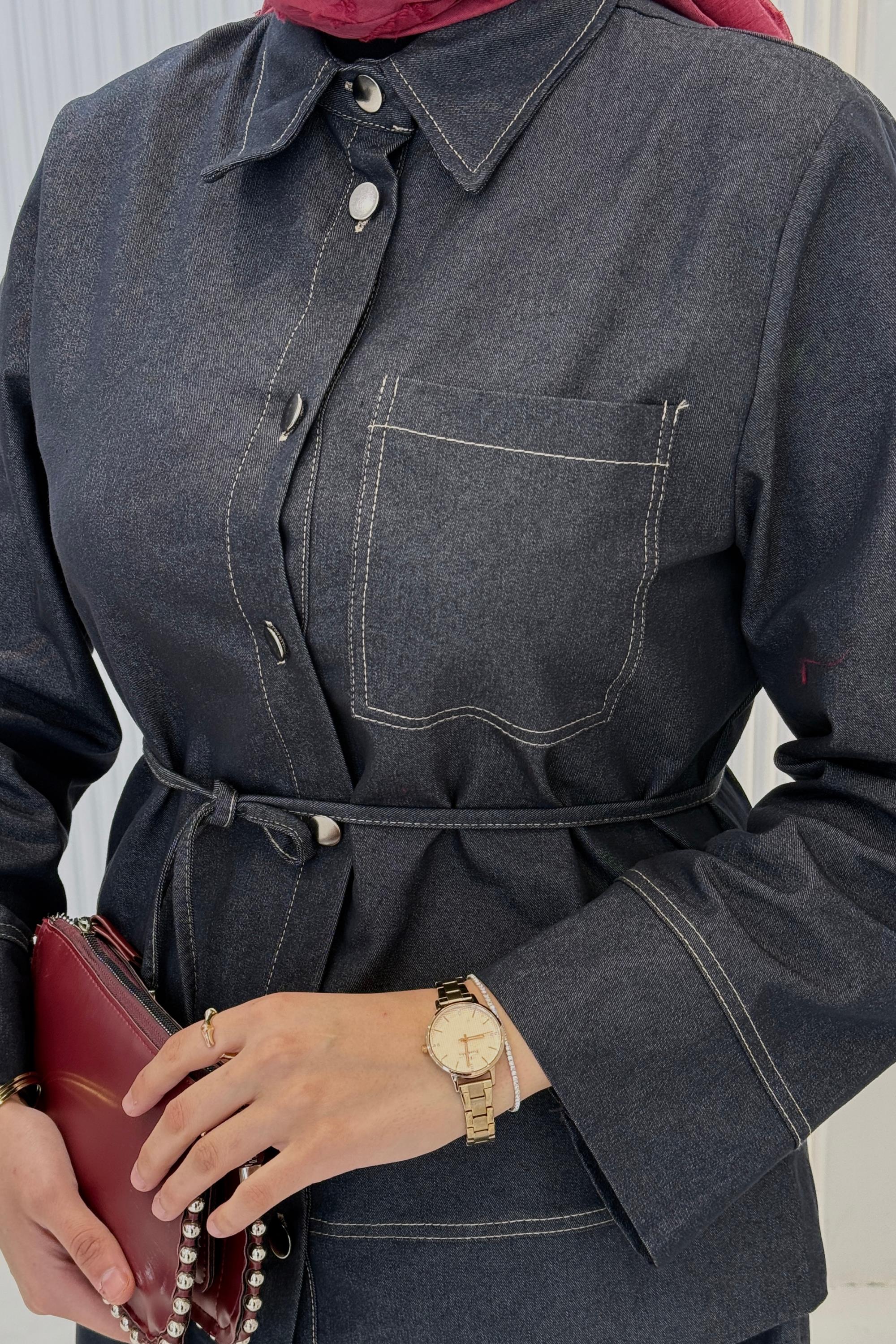 Bel Bağlamalı Kontrast Dikiş Detaylı Etekli Takım Lacivert OTW8647