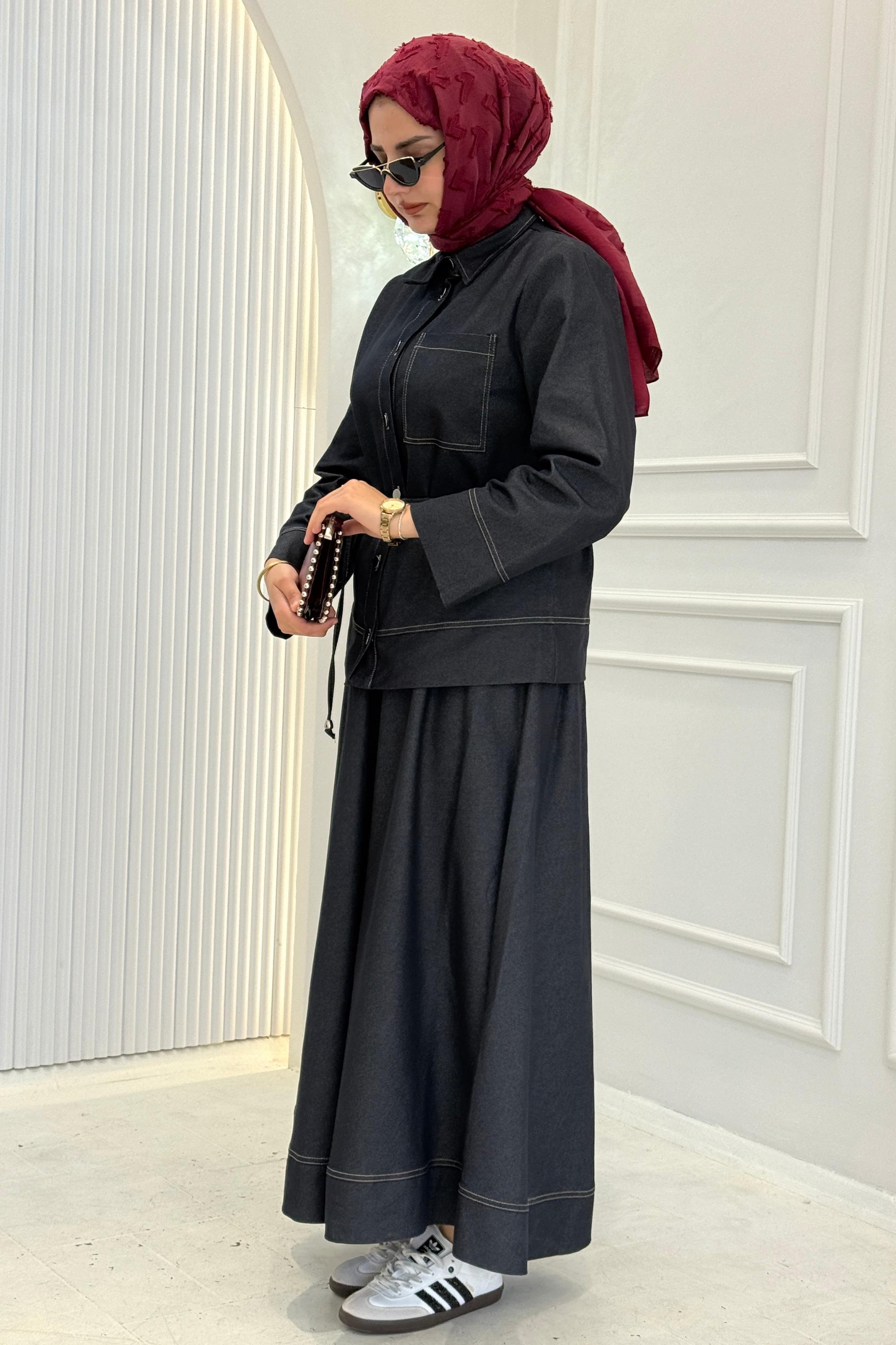 Bel Bağlamalı Kontrast Dikiş Detaylı Etekli Takım Lacivert OTW8647