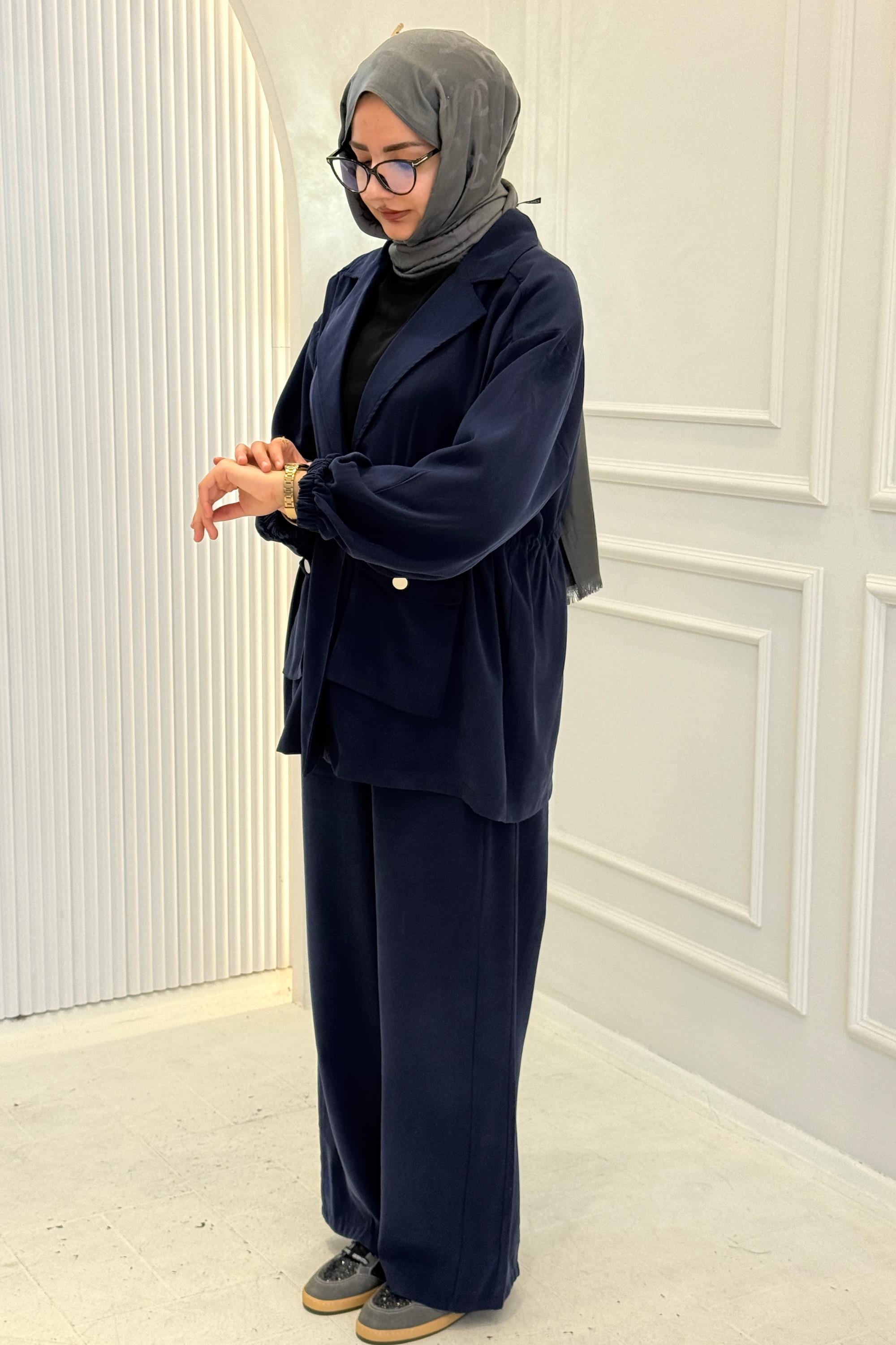Beli Büzgülü Blazer Ceket Pantolon Takım Lacivert OTW74016