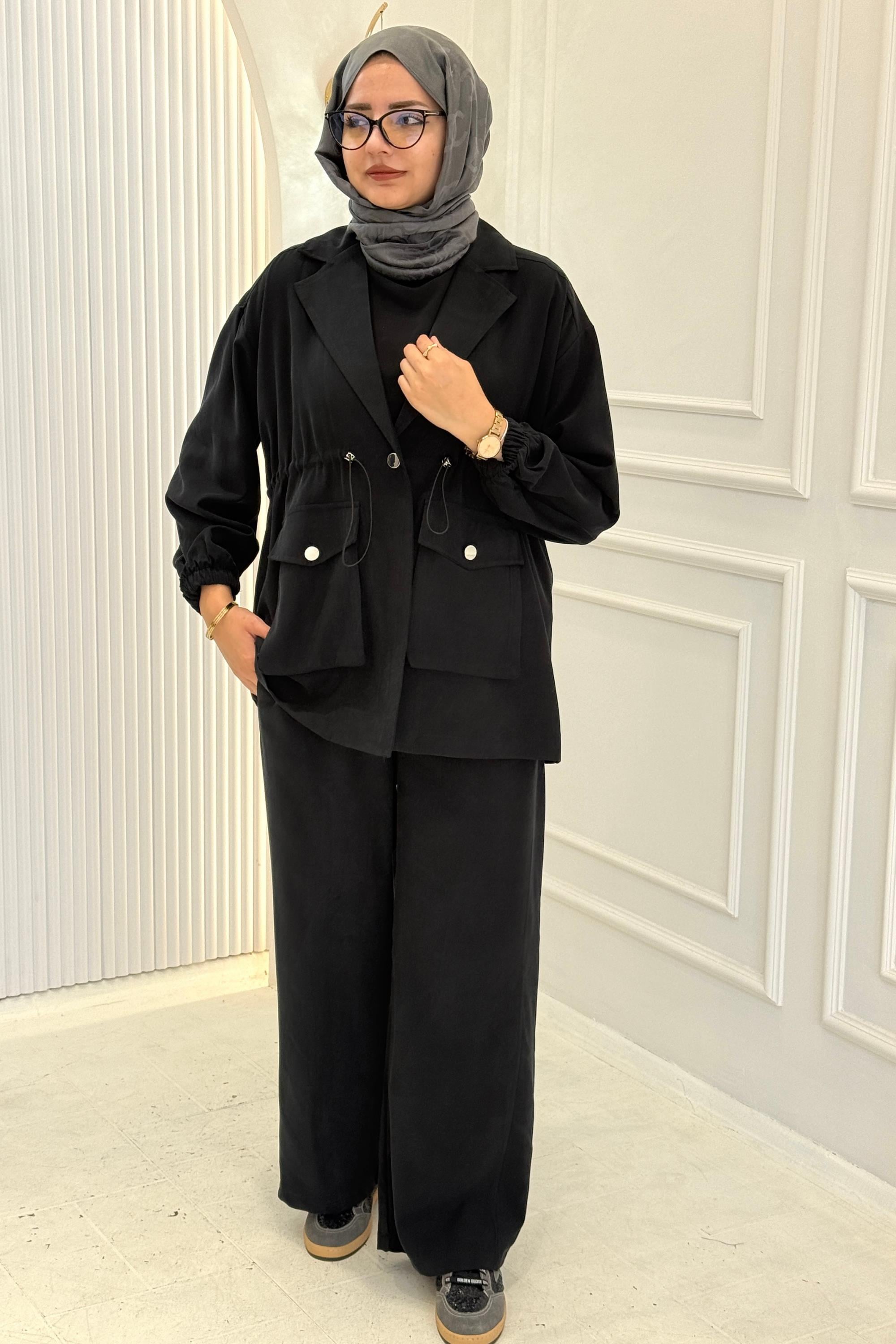 Beli Büzgülü Blazer Ceket Pantolon Takım Siyah OTW74016