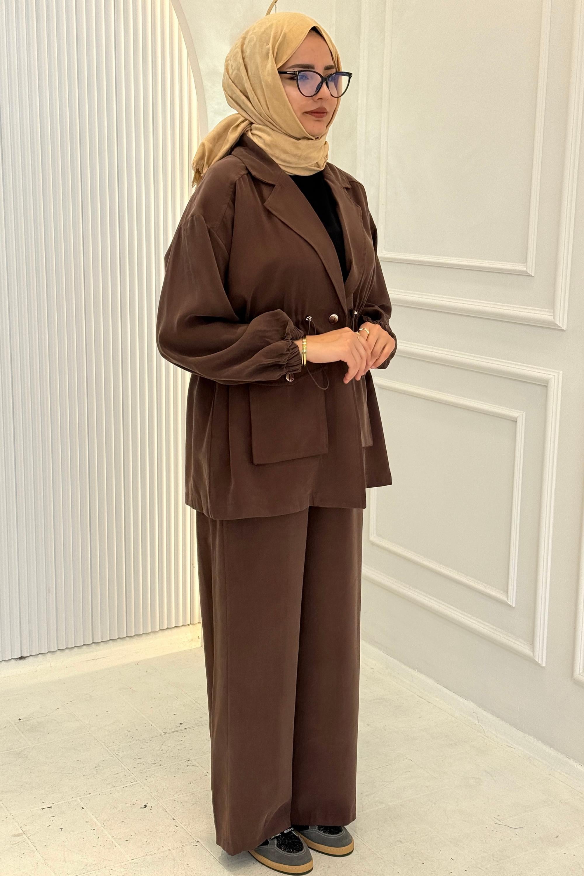 Beli Büzgülü Blazer Ceket Pantolon Takım Kahve OTW74016