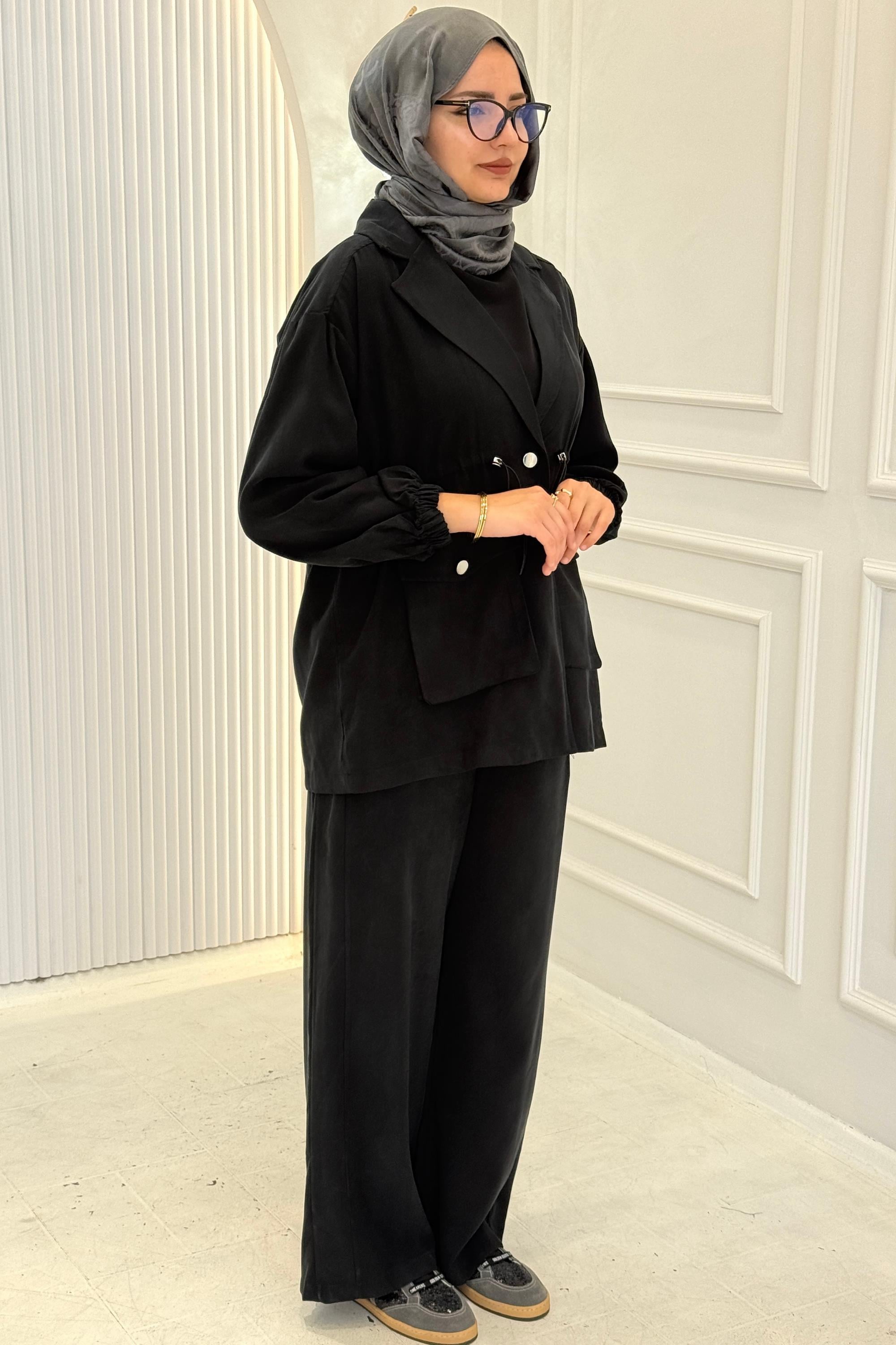 Beli Büzgülü Blazer Ceket Pantolon Takım Siyah OTW74016