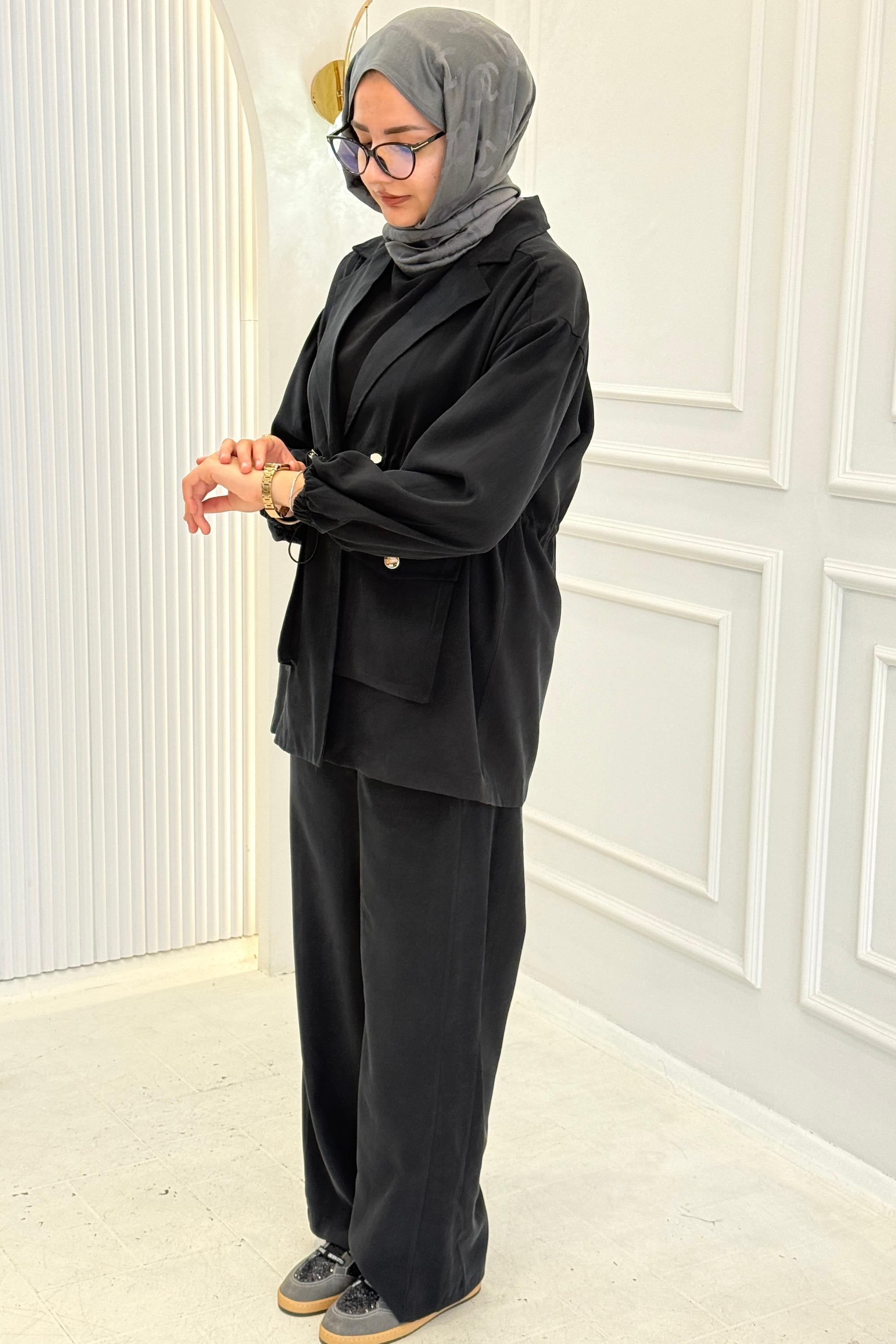 Beli Büzgülü Blazer Ceket Pantolon Takım Siyah OTW74016