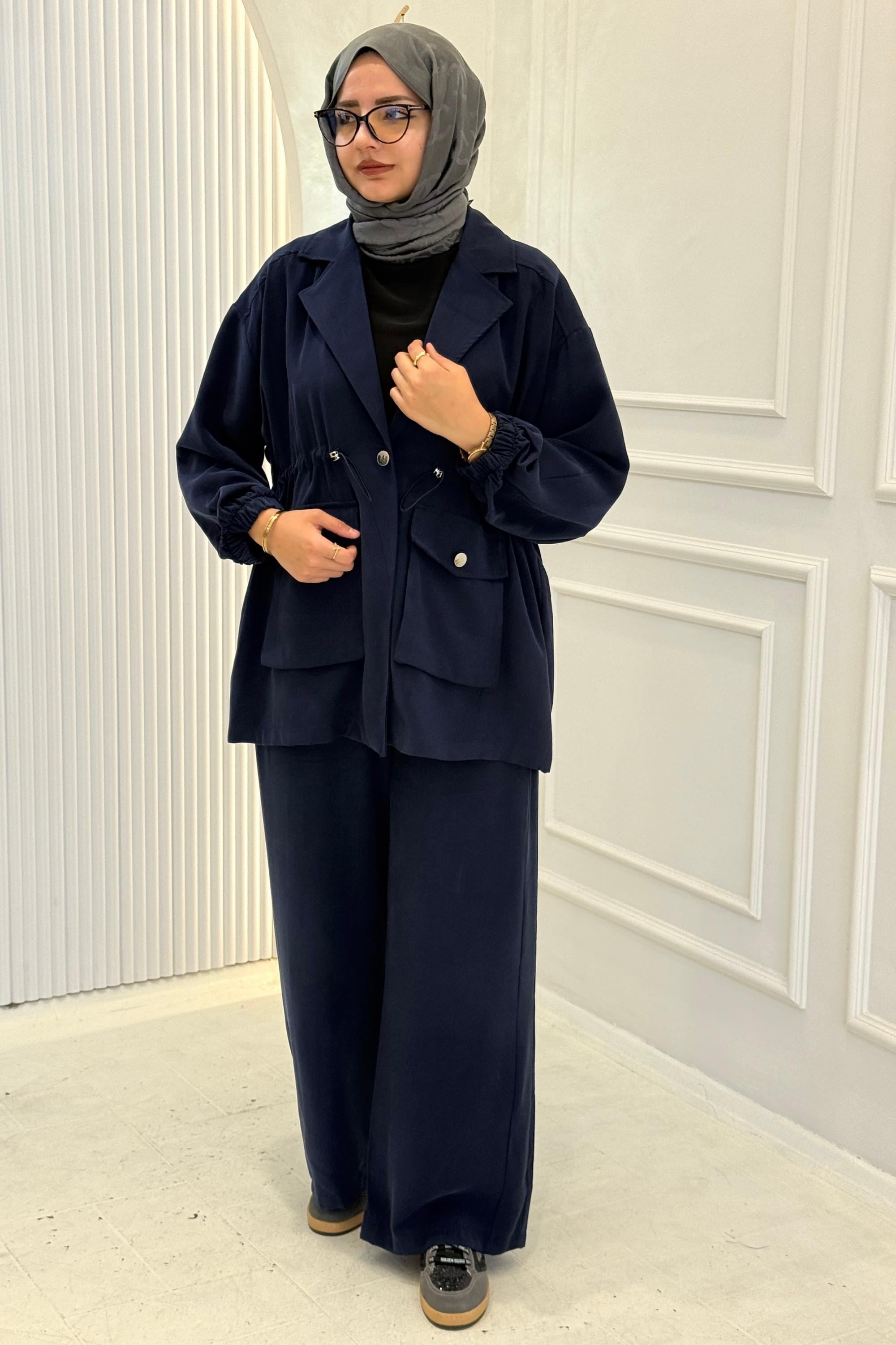Beli Büzgülü Blazer Ceket Pantolon Takım Lacivert OTW74016