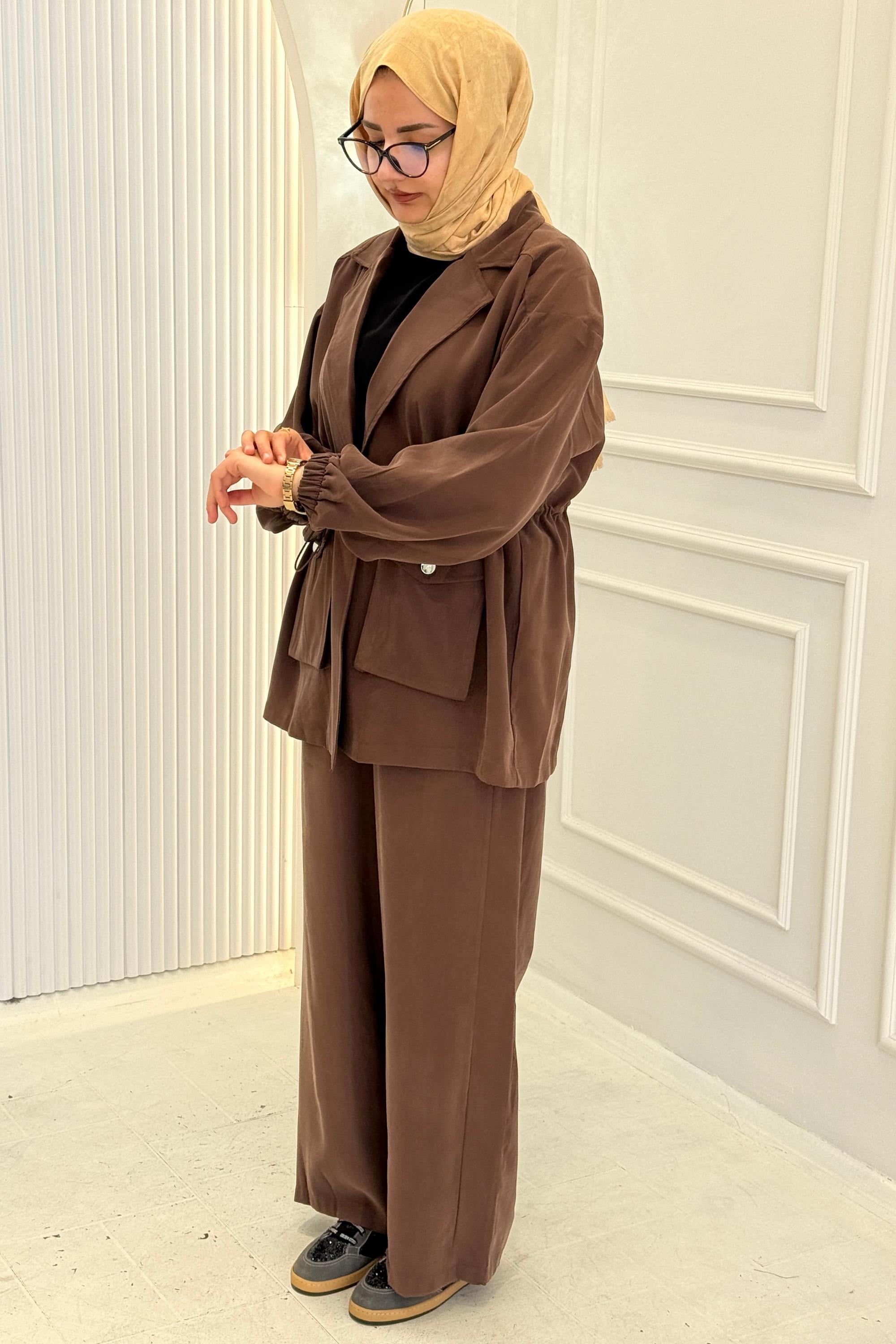 Beli Büzgülü Blazer Ceket Pantolon Takım Kahve OTW74016