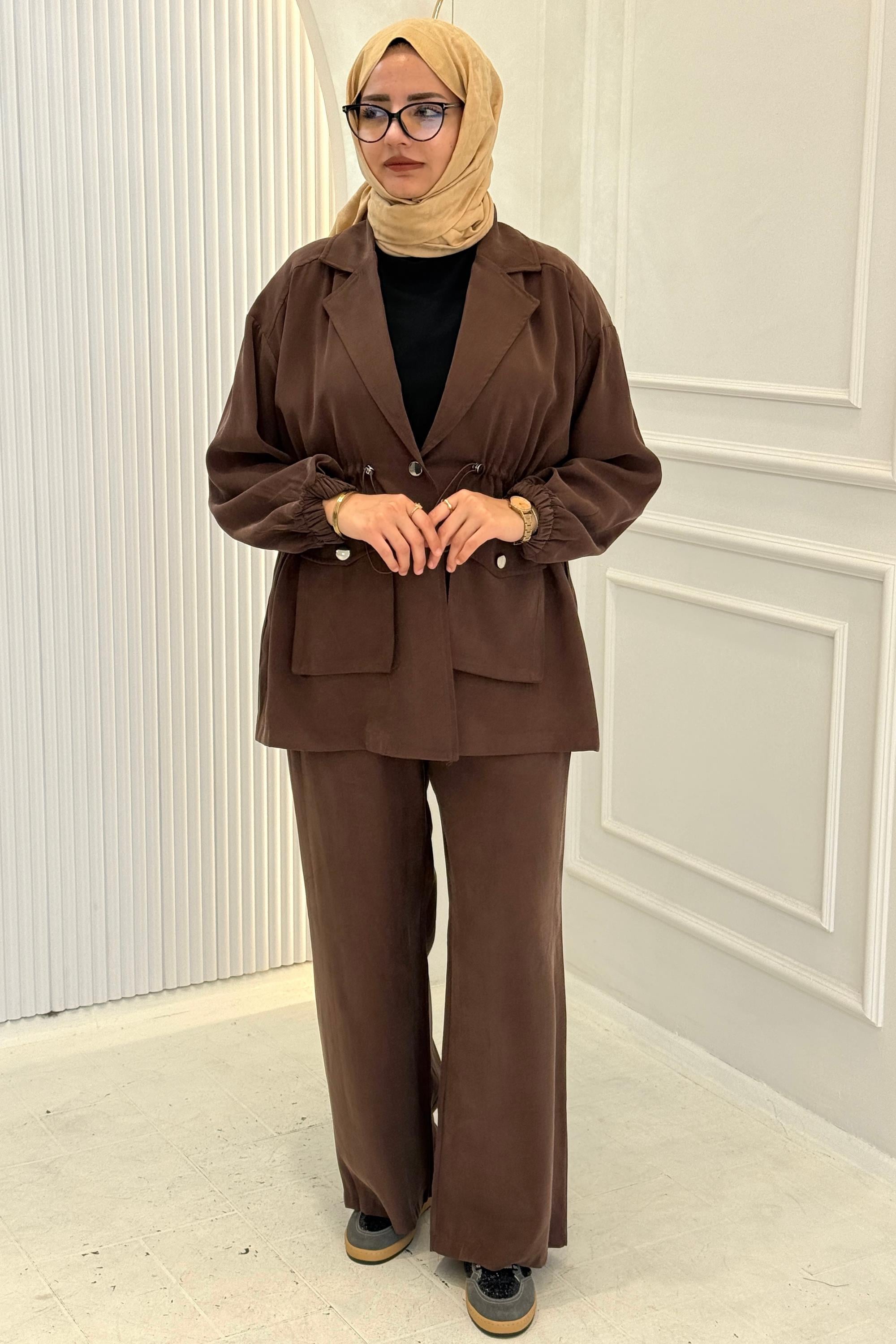 Beli Büzgülü Blazer Ceket Pantolon Takım Kahve OTW74016