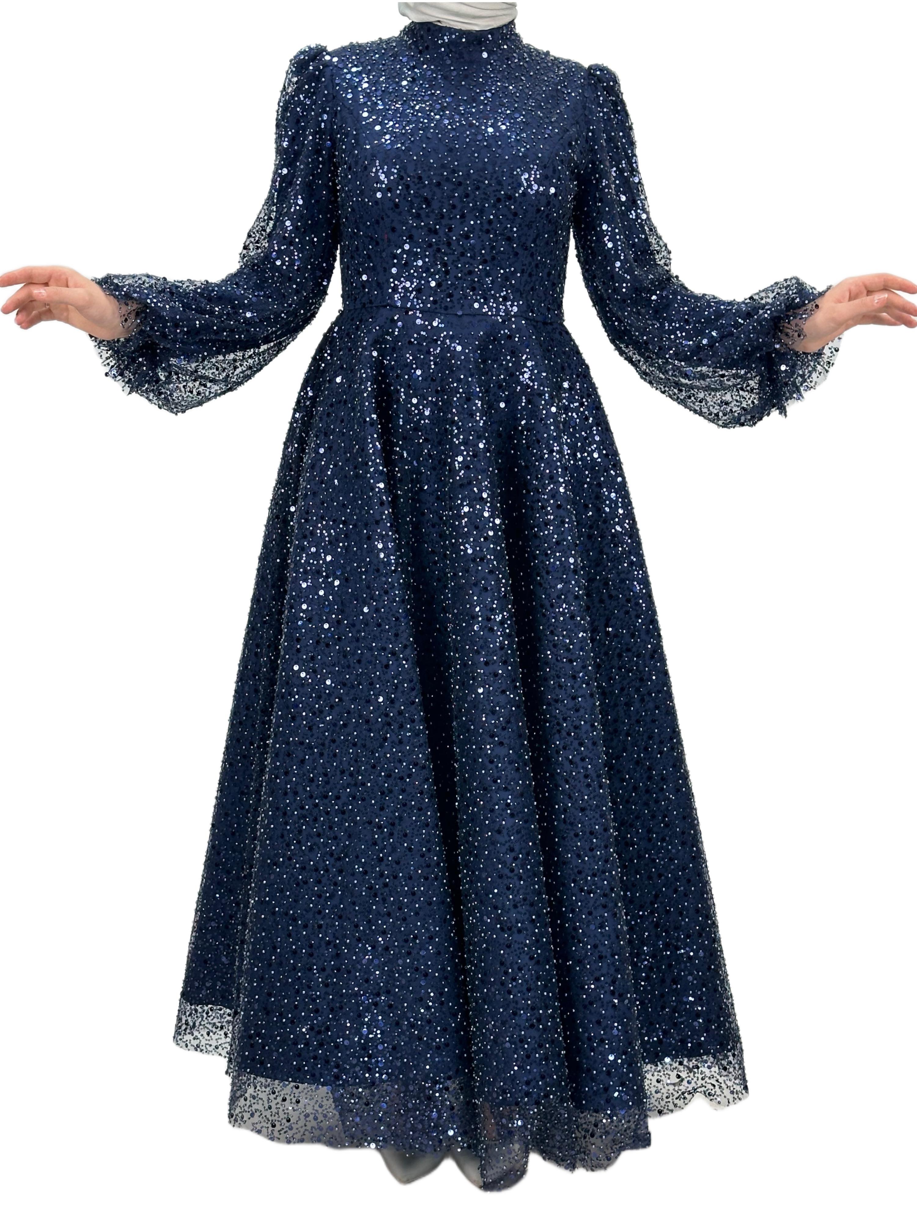 Boncuk İşlemeli Abiye Elbise Lacivert OTW4417