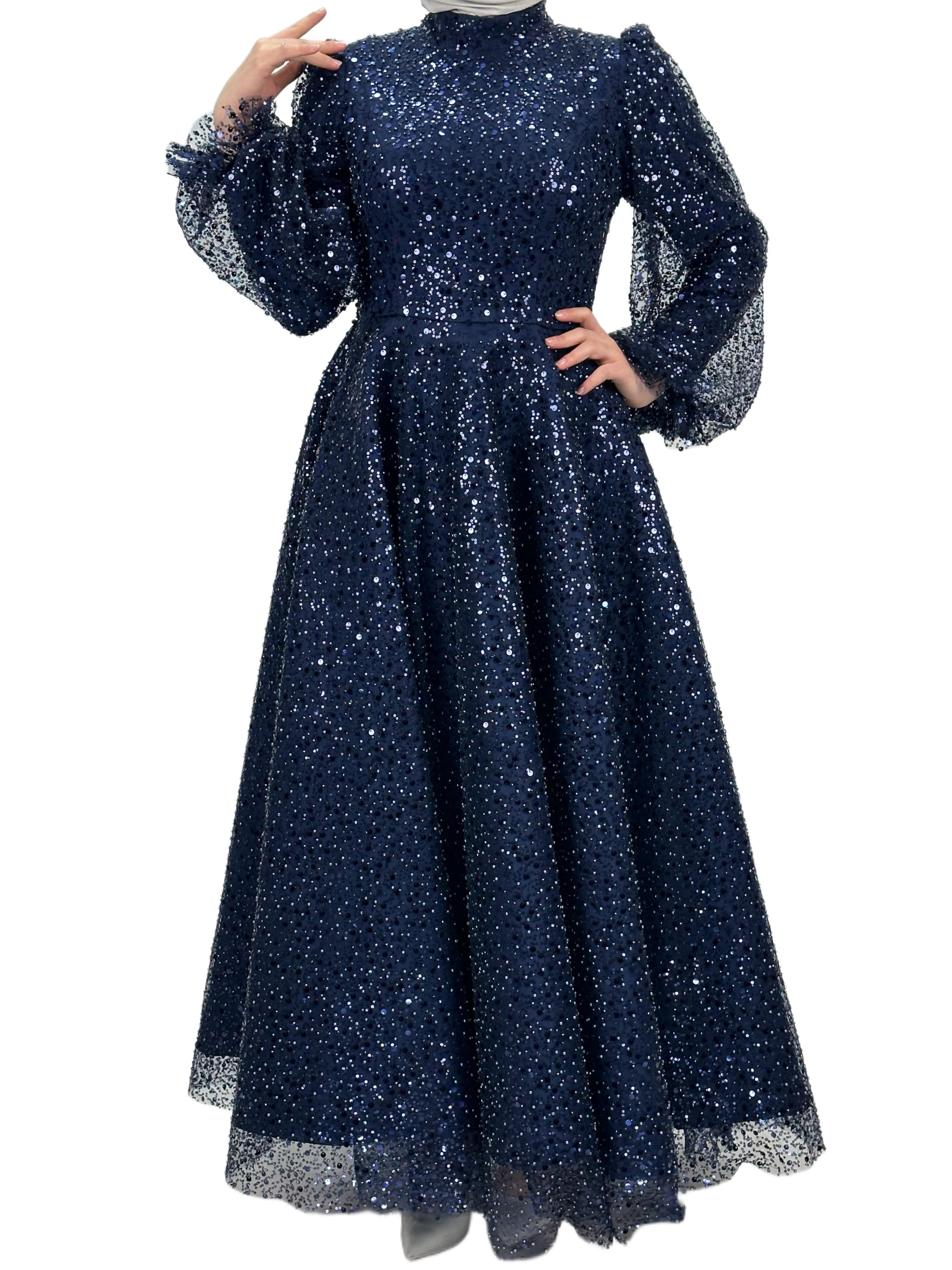 Boncuk İşlemeli Abiye Elbise Lacivert OTW4417