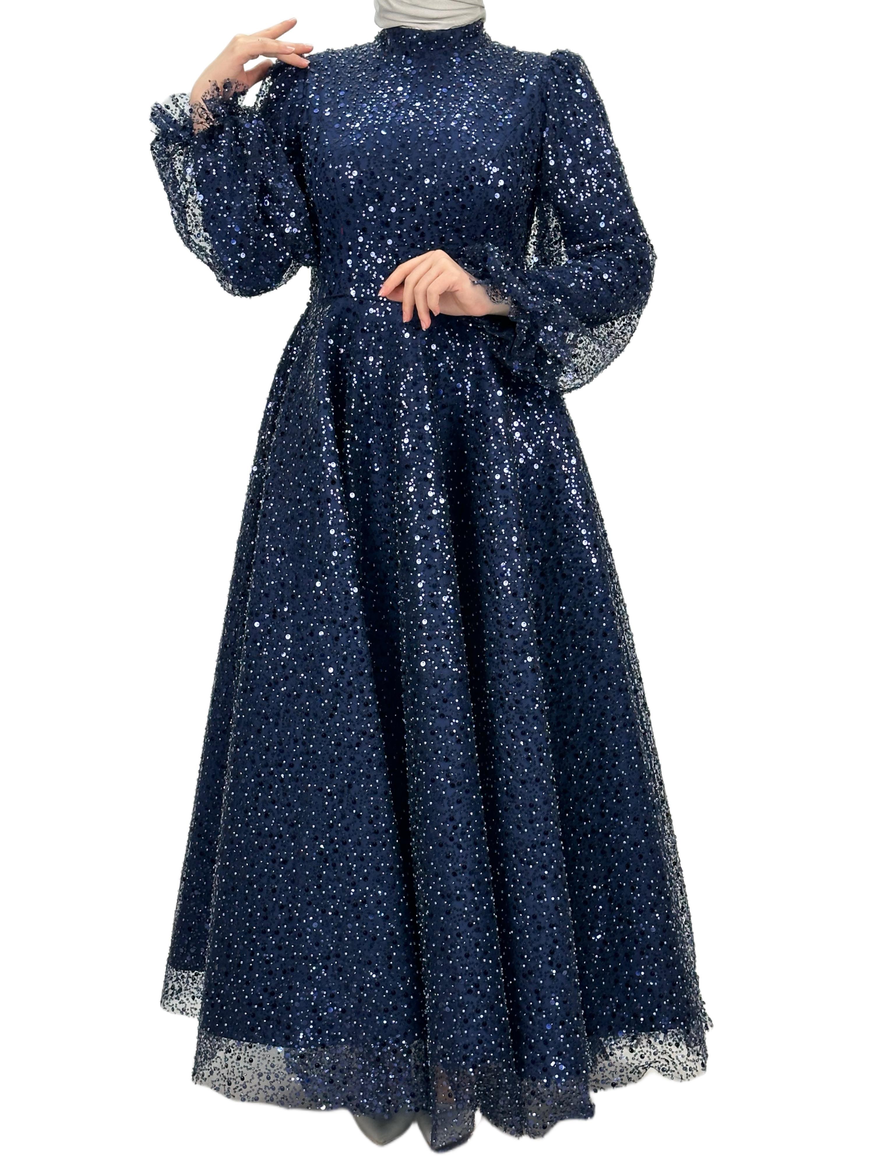 Boncuk İşlemeli Abiye Elbise Lacivert OTW4417