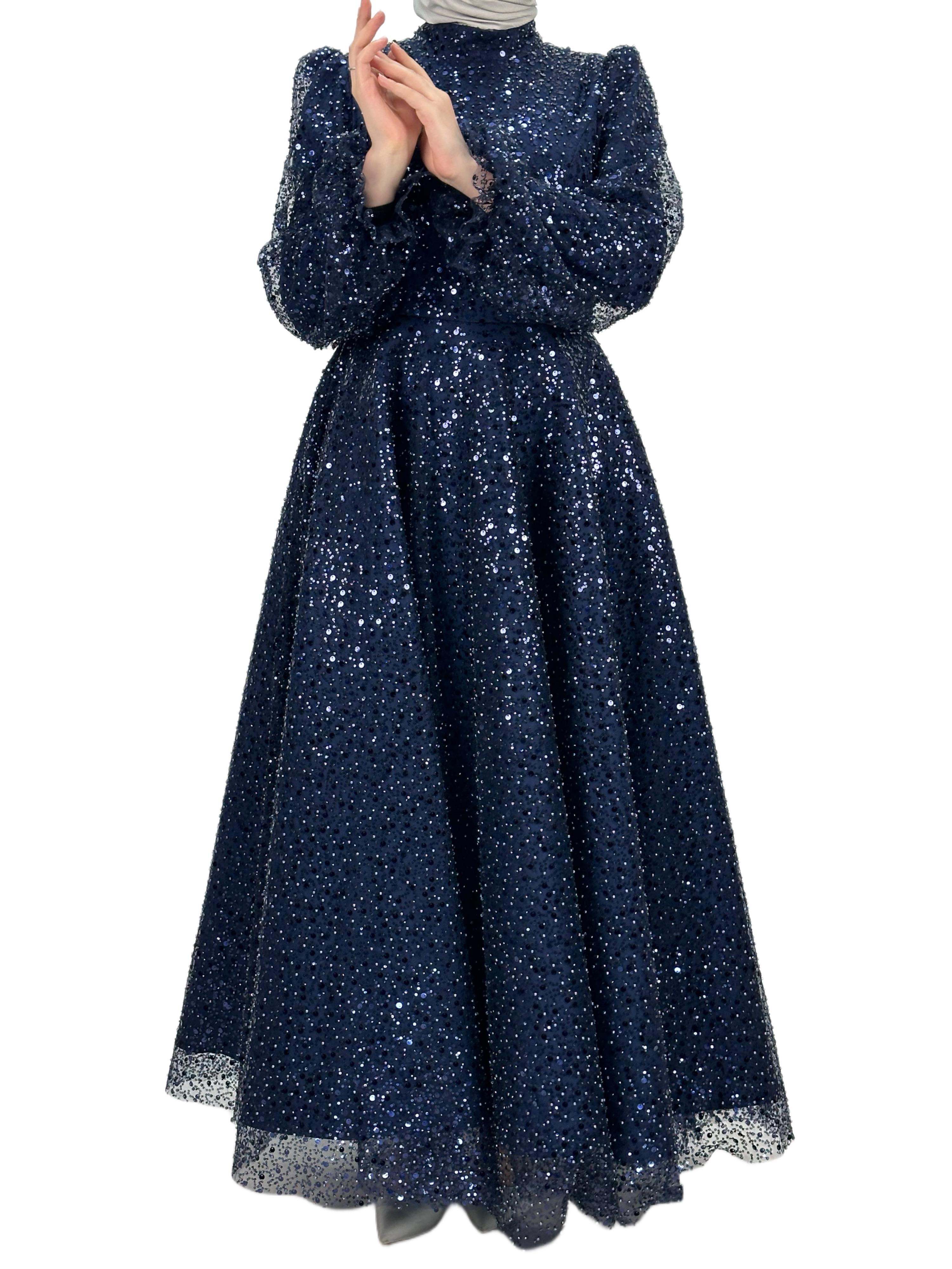 Boncuk İşlemeli Abiye Elbise Lacivert OTW4417