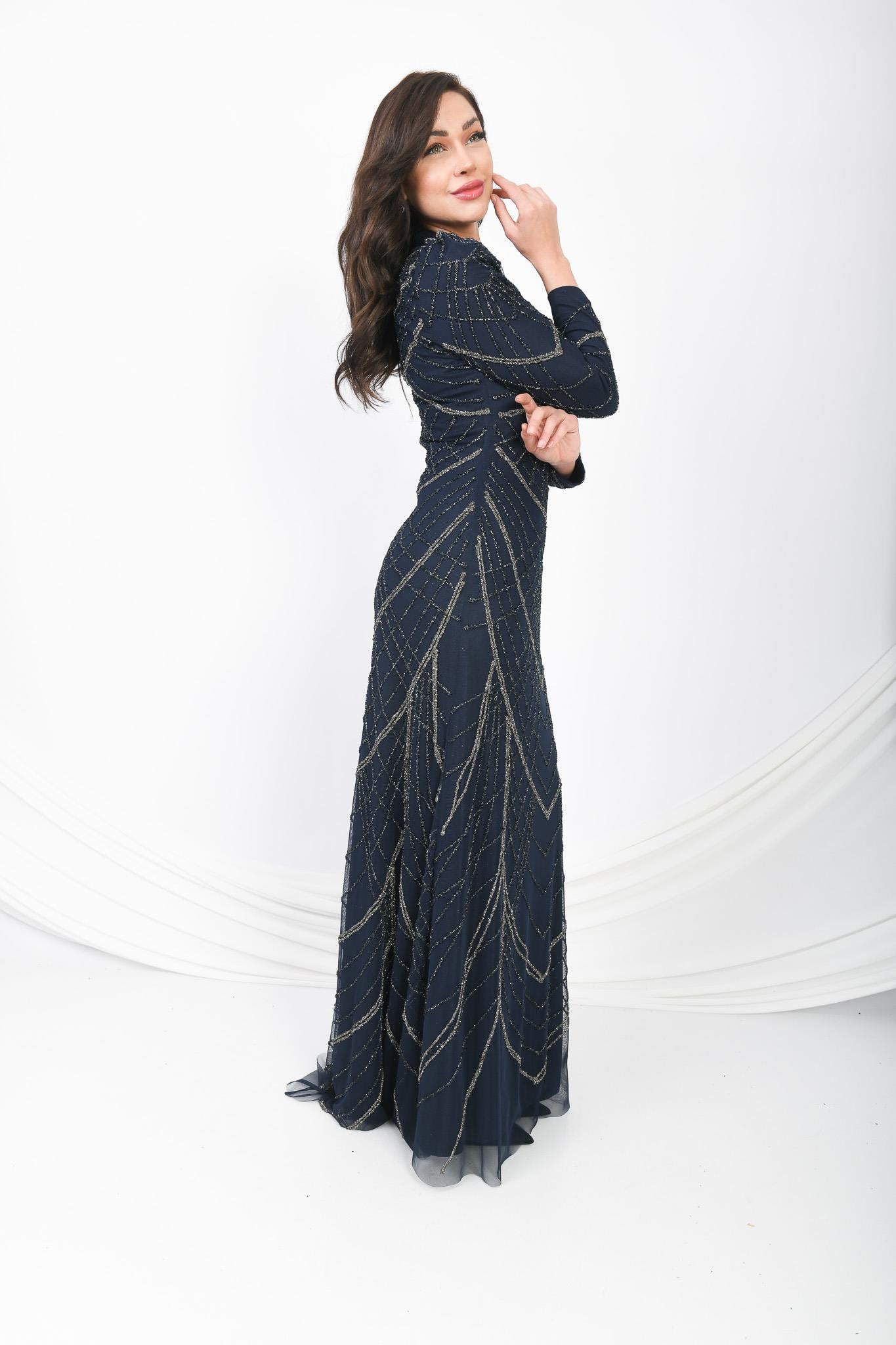 Boncuk İşlemeli Uzun Abiye Elbise Lacivert OTW3104