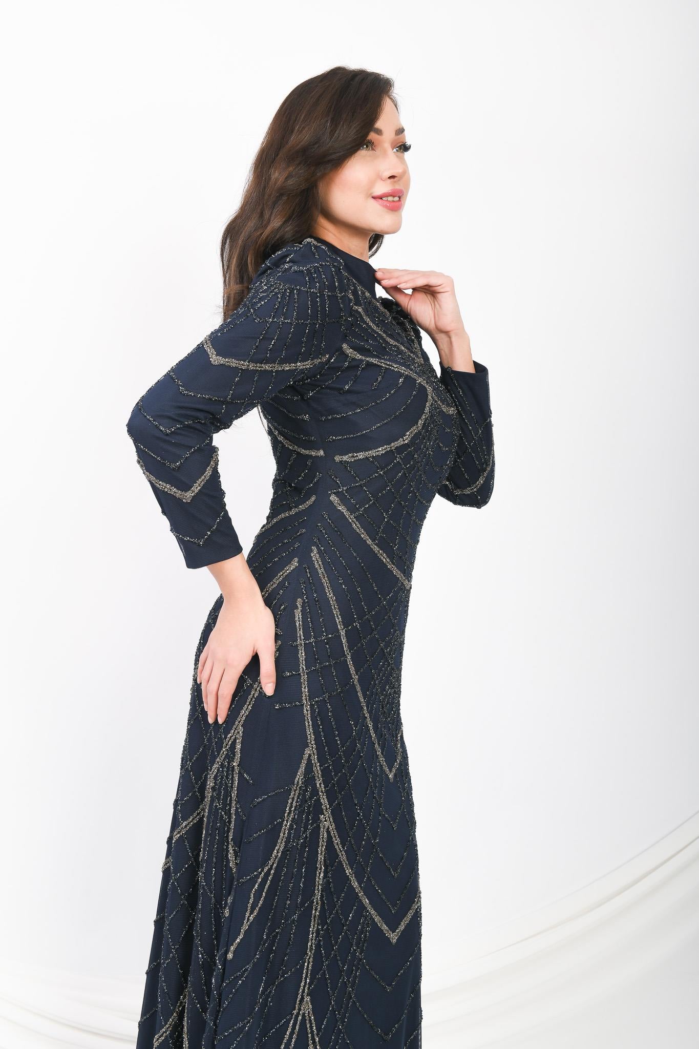 Boncuk İşlemeli Uzun Abiye Elbise Lacivert OTW3104