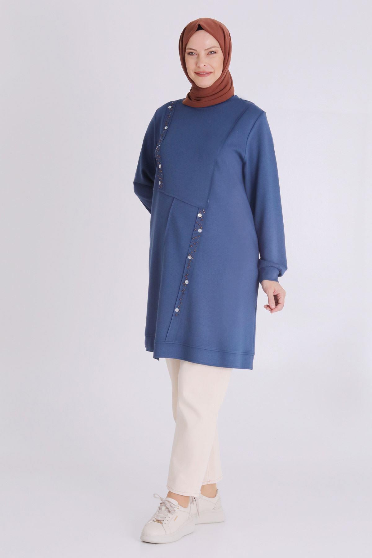 Behrem Boncuk ve Pul Detaylı Tunik İndigo OTW2058