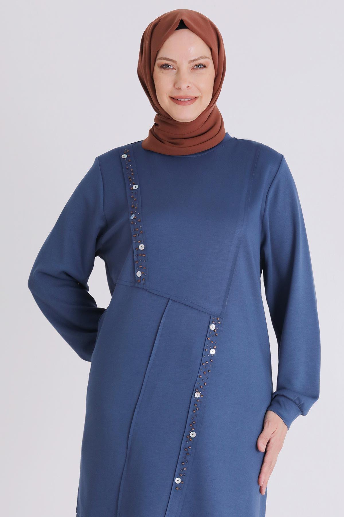 Behrem Boncuk ve Pul Detaylı Tunik İndigo OTW2058