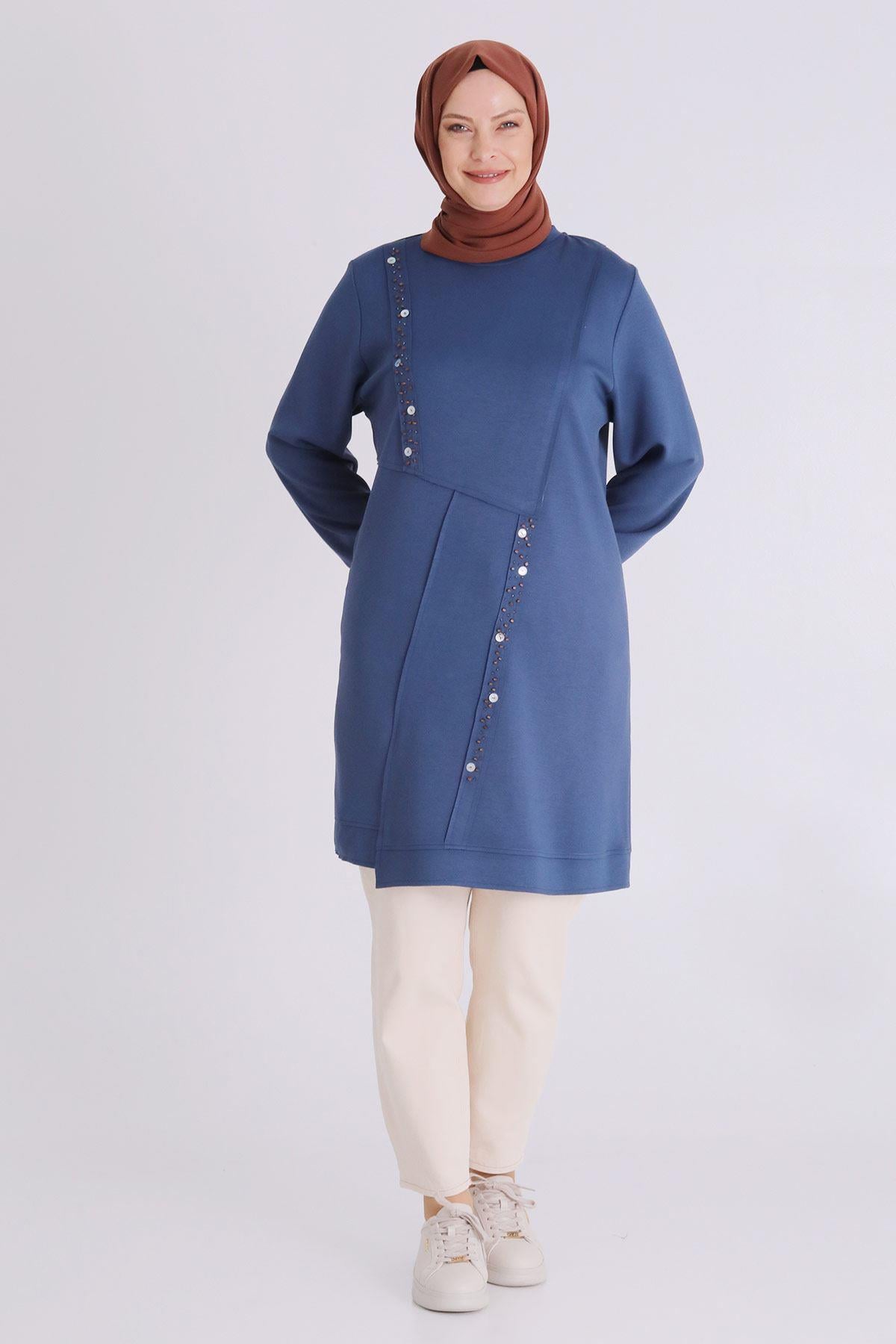 Behrem Boncuk ve Pul Detaylı Tunik İndigo OTW2058