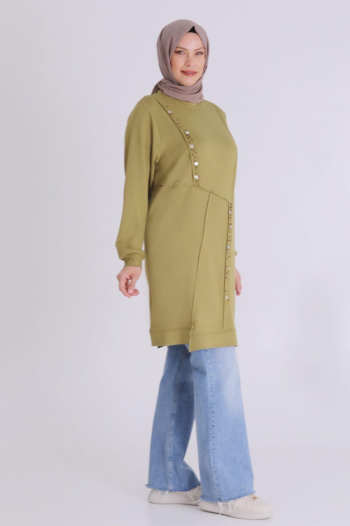 Behrem Boncuk ve Pul Detaylı Tunik Olive OTW2058