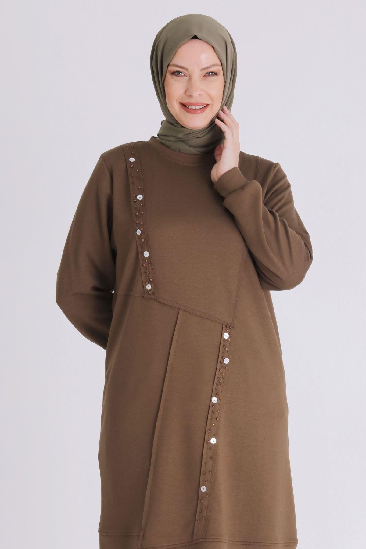 Behrem Boncuk ve Pul Detaylı Tunik Vizon OTW2058