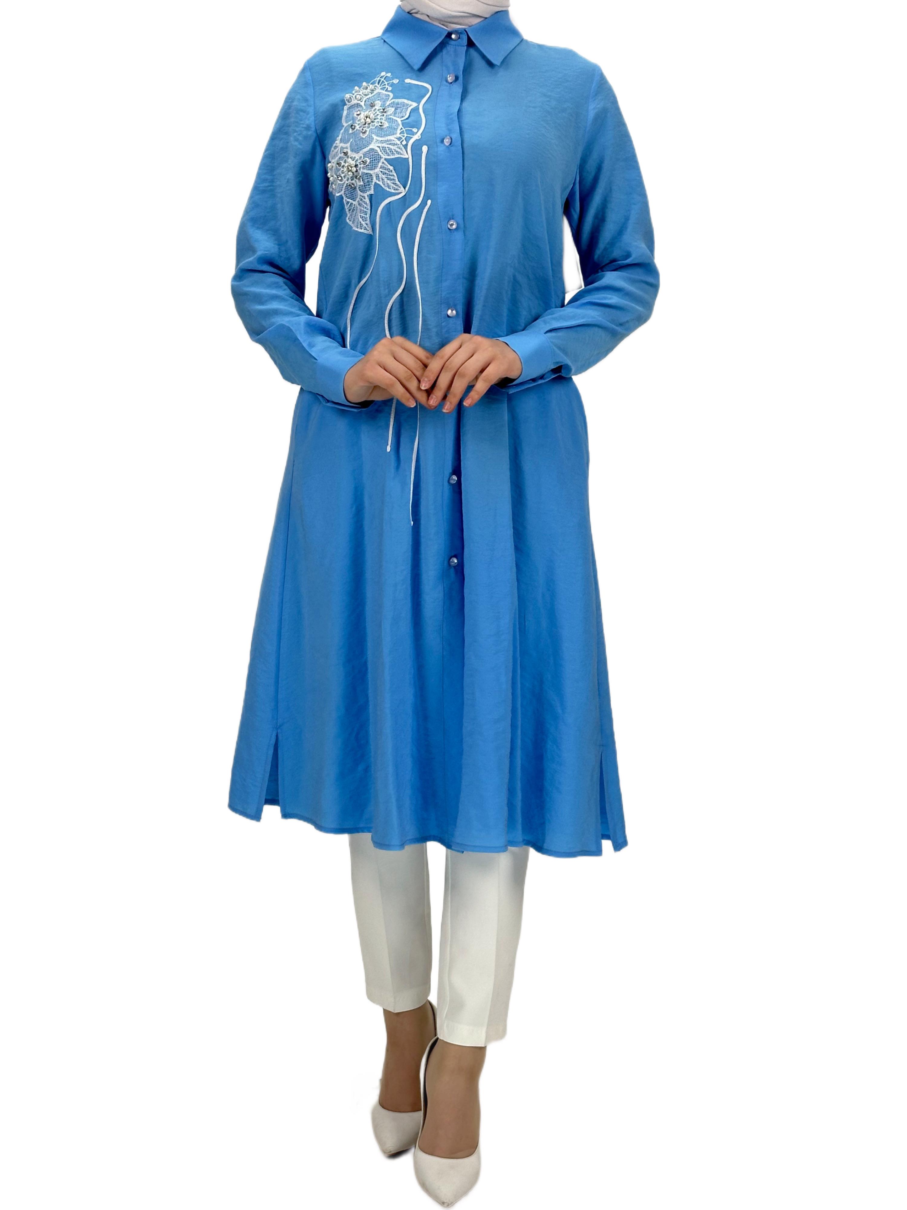 Boydan Düğmeli Tunik Mavi OTW1269