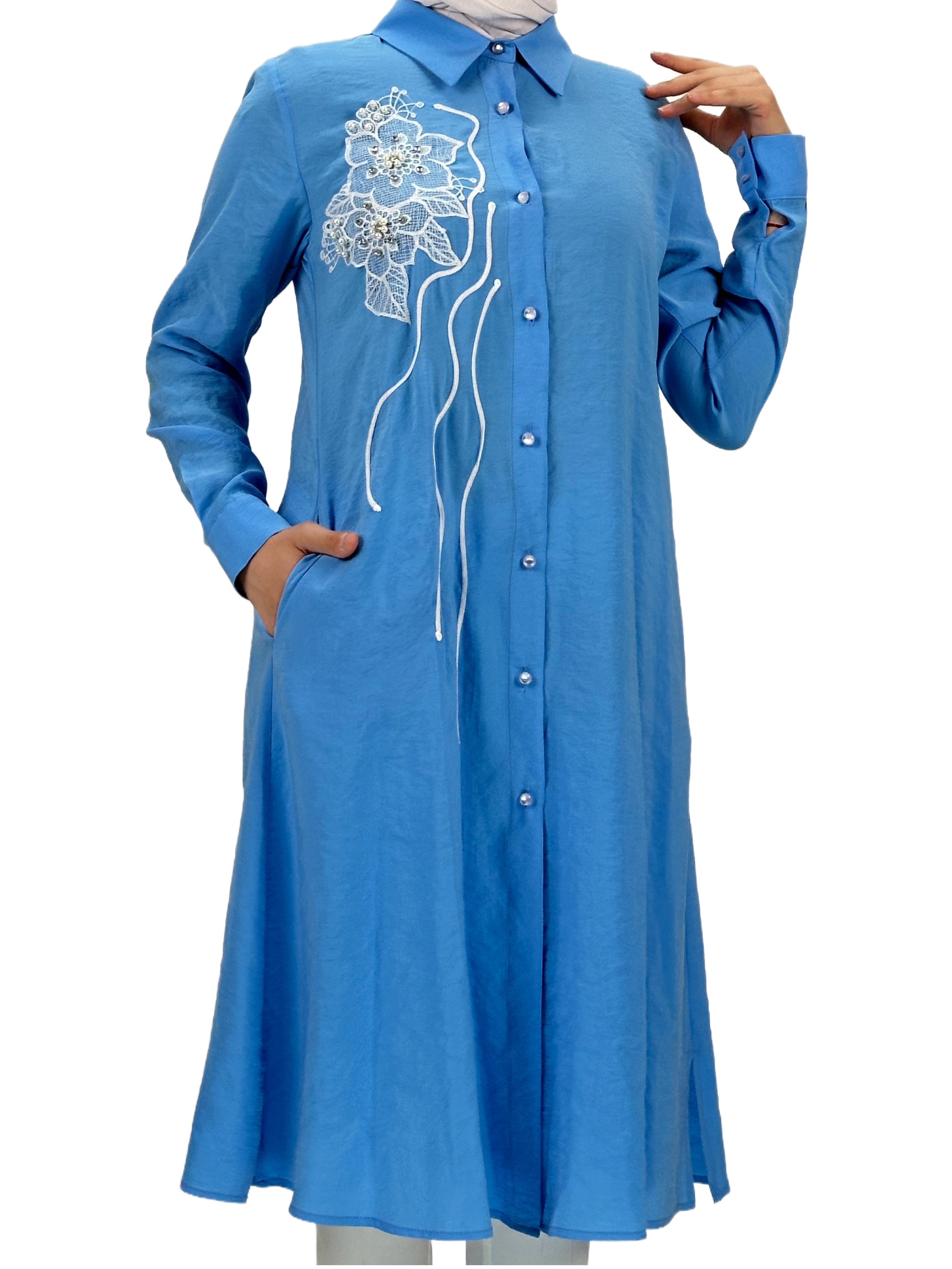 Boydan Düğmeli Tunik Mavi OTW1269
