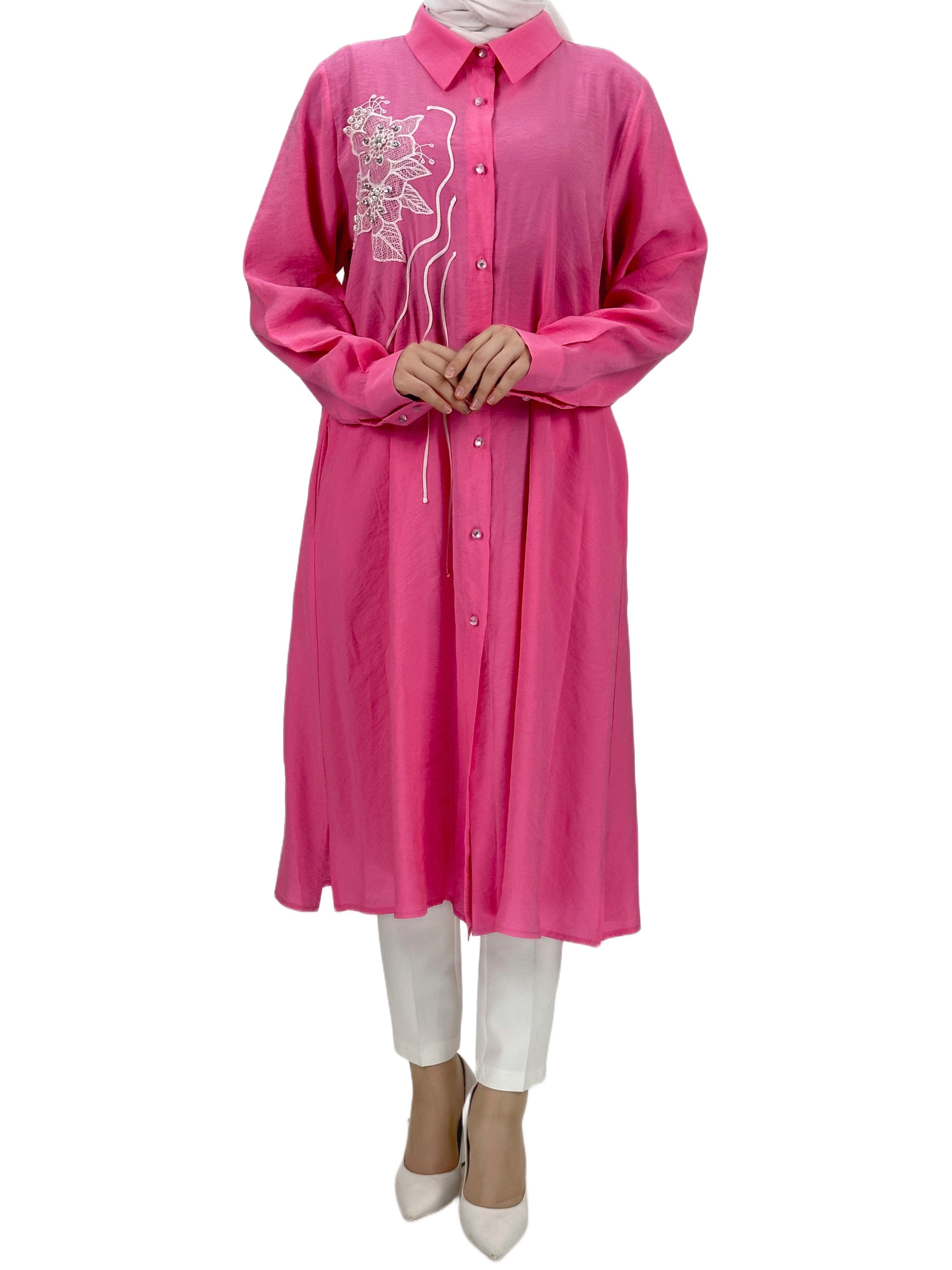 Boydan Düğmeli Tunik Pembe OTW1269