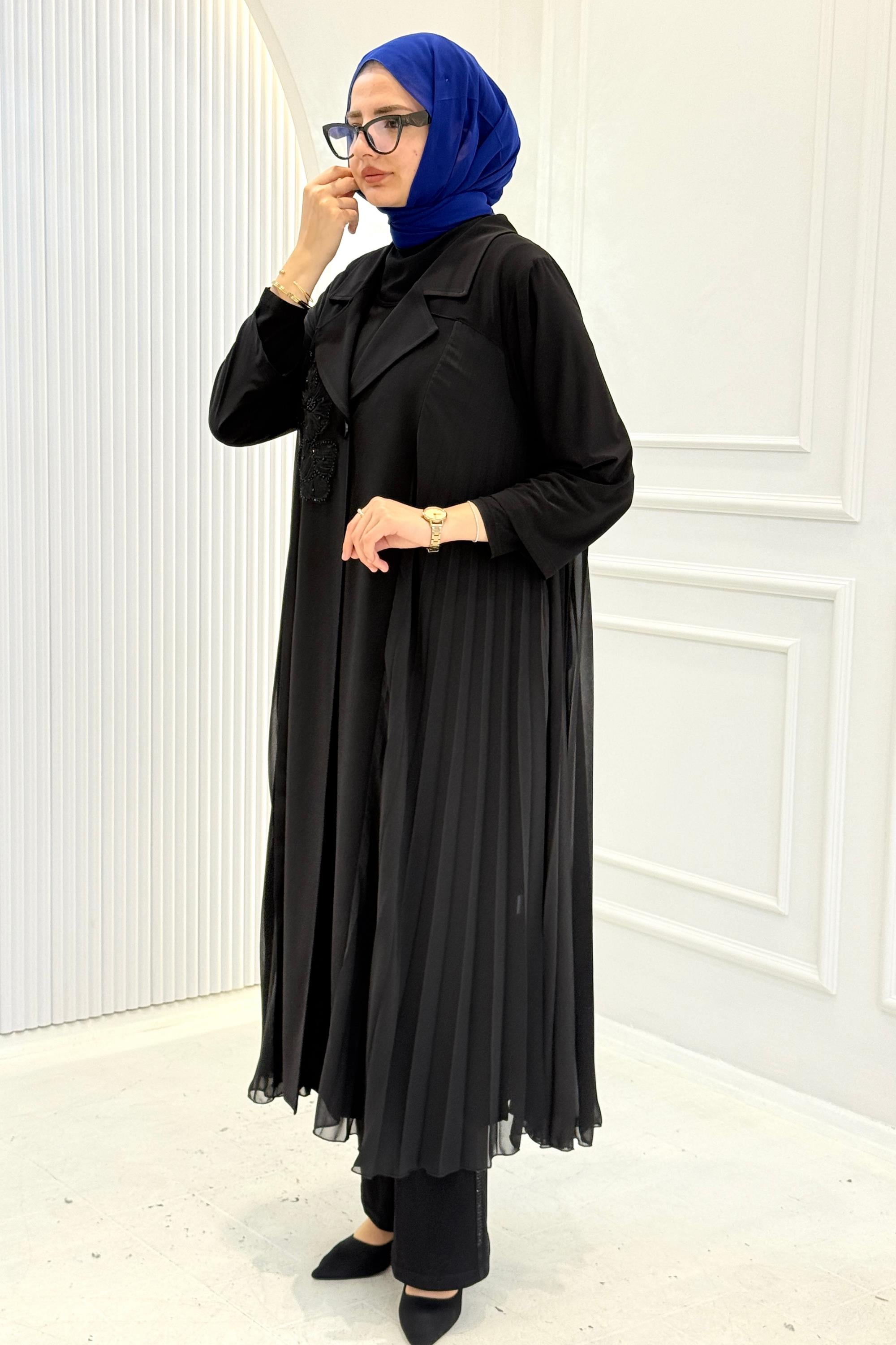 Büyük Beden Abaya ve İç Elbise Takım Siyah OTW6012