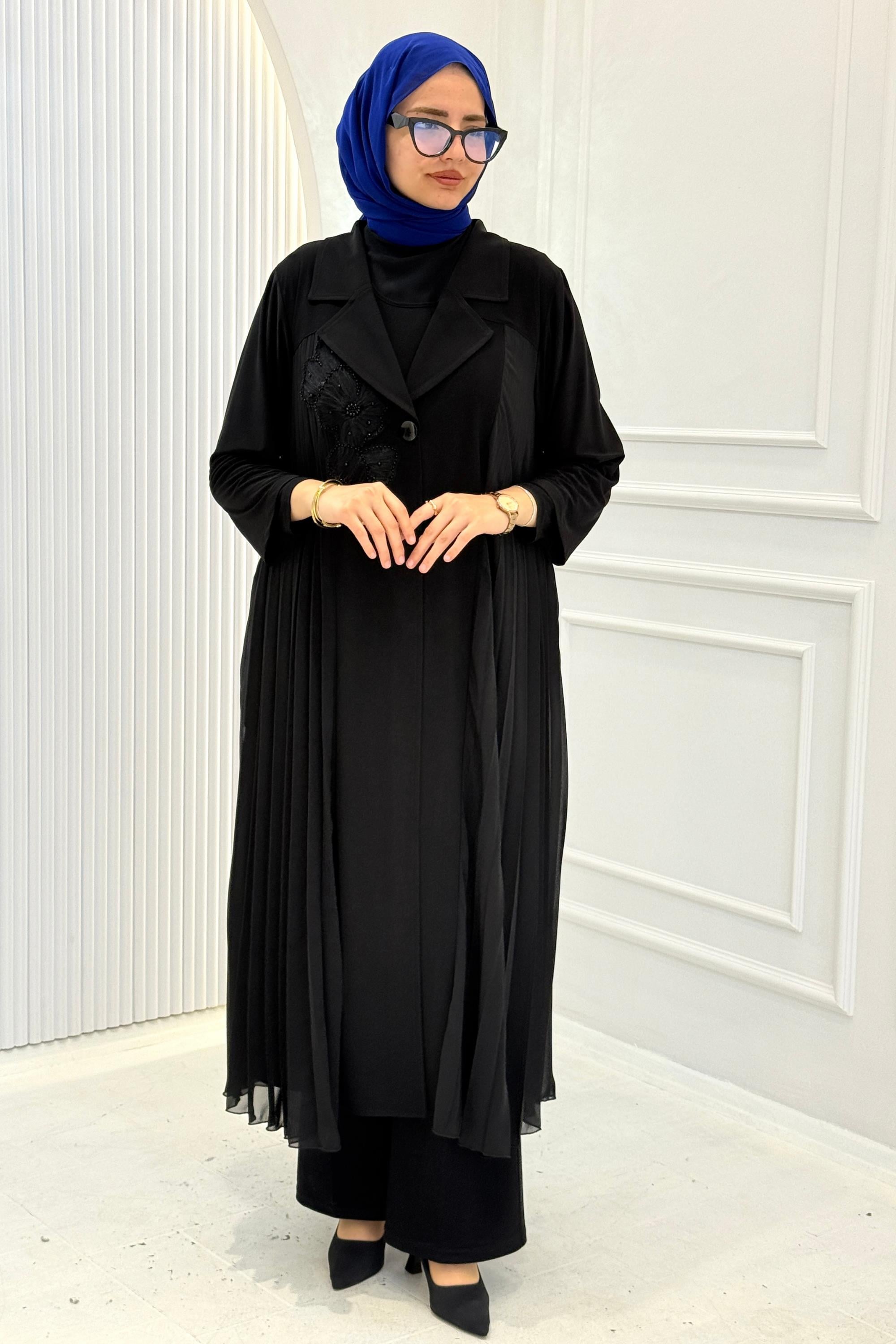 Büyük Beden Abaya ve İç Elbise Takım Siyah OTW6012