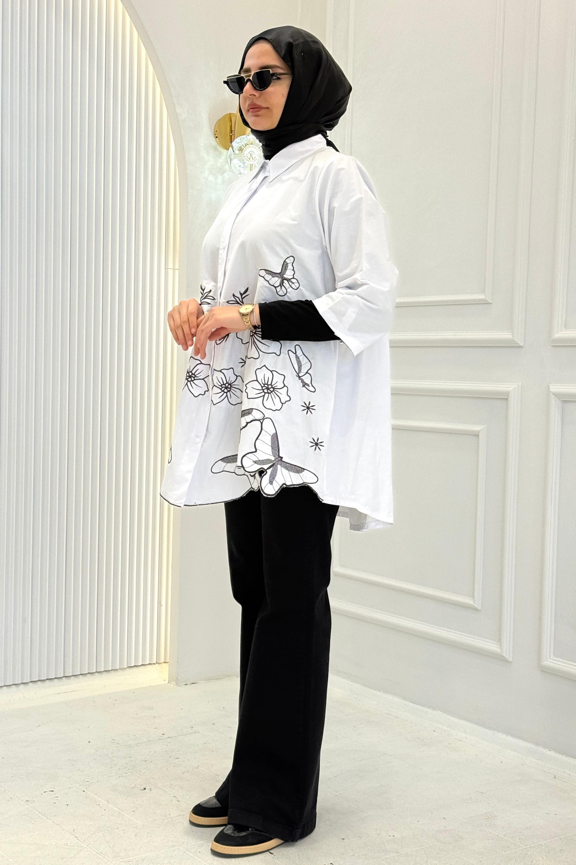 Büyük Beden Baskılı Tesettür Gömlek Beyaz OTW4120