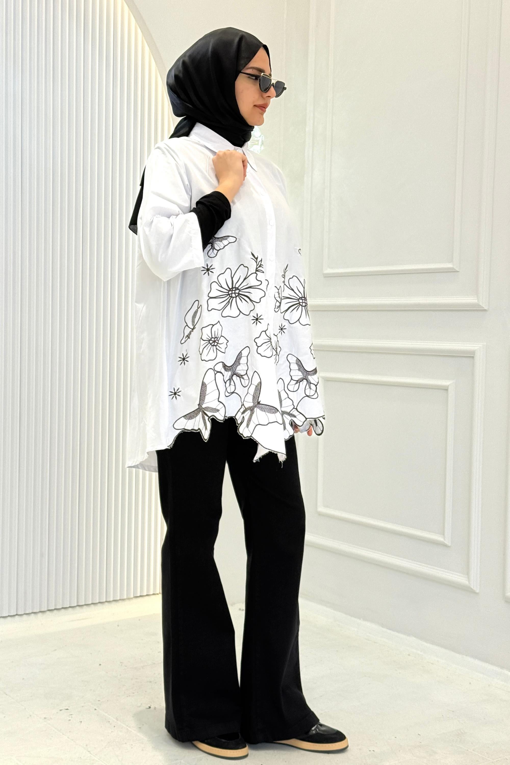 Büyük Beden Baskılı Tesettür Gömlek Beyaz OTW4120