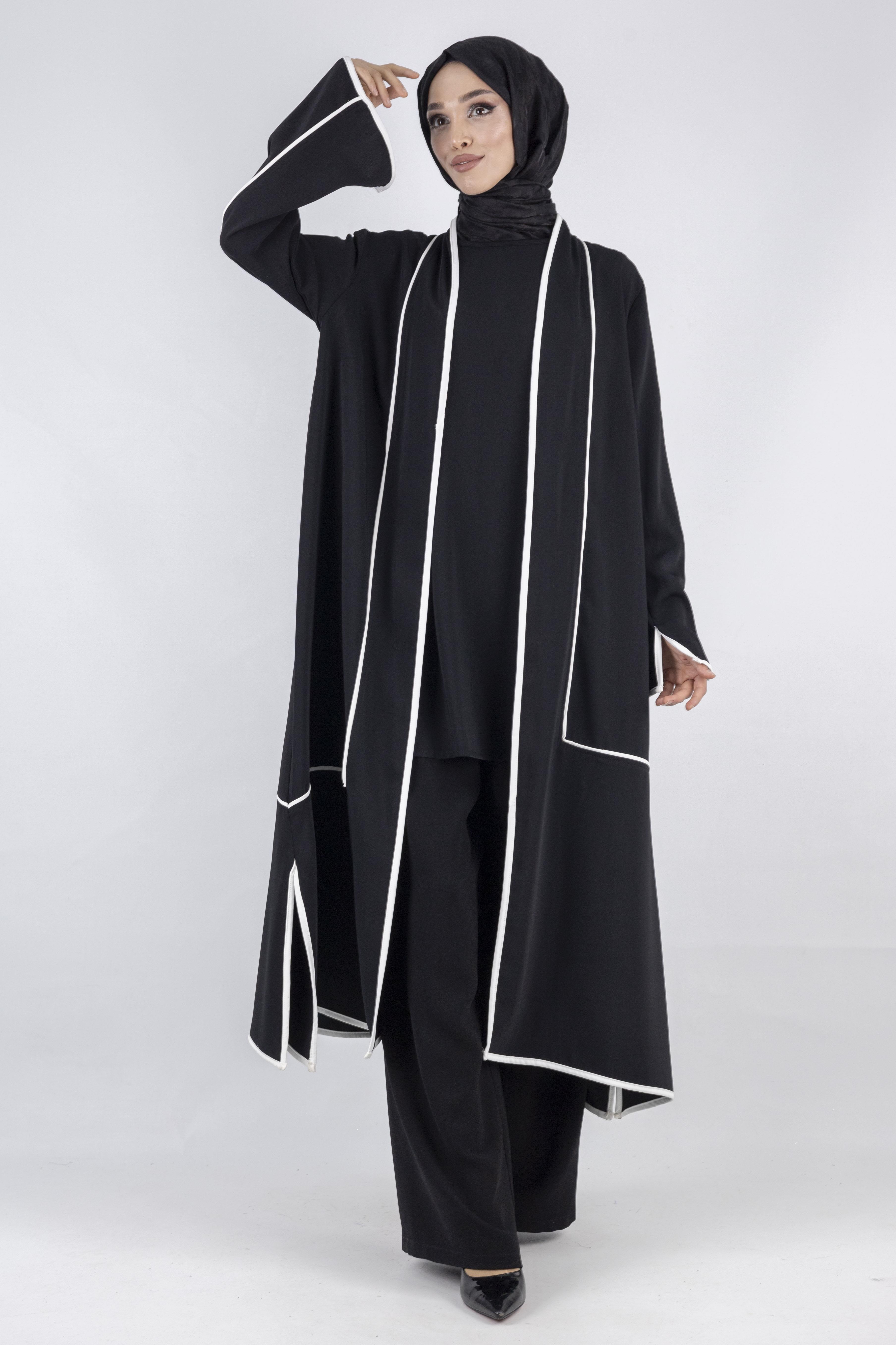 Büyük Beden Biyeli İçlik Ve Kimono Takım Siyah OTW1023