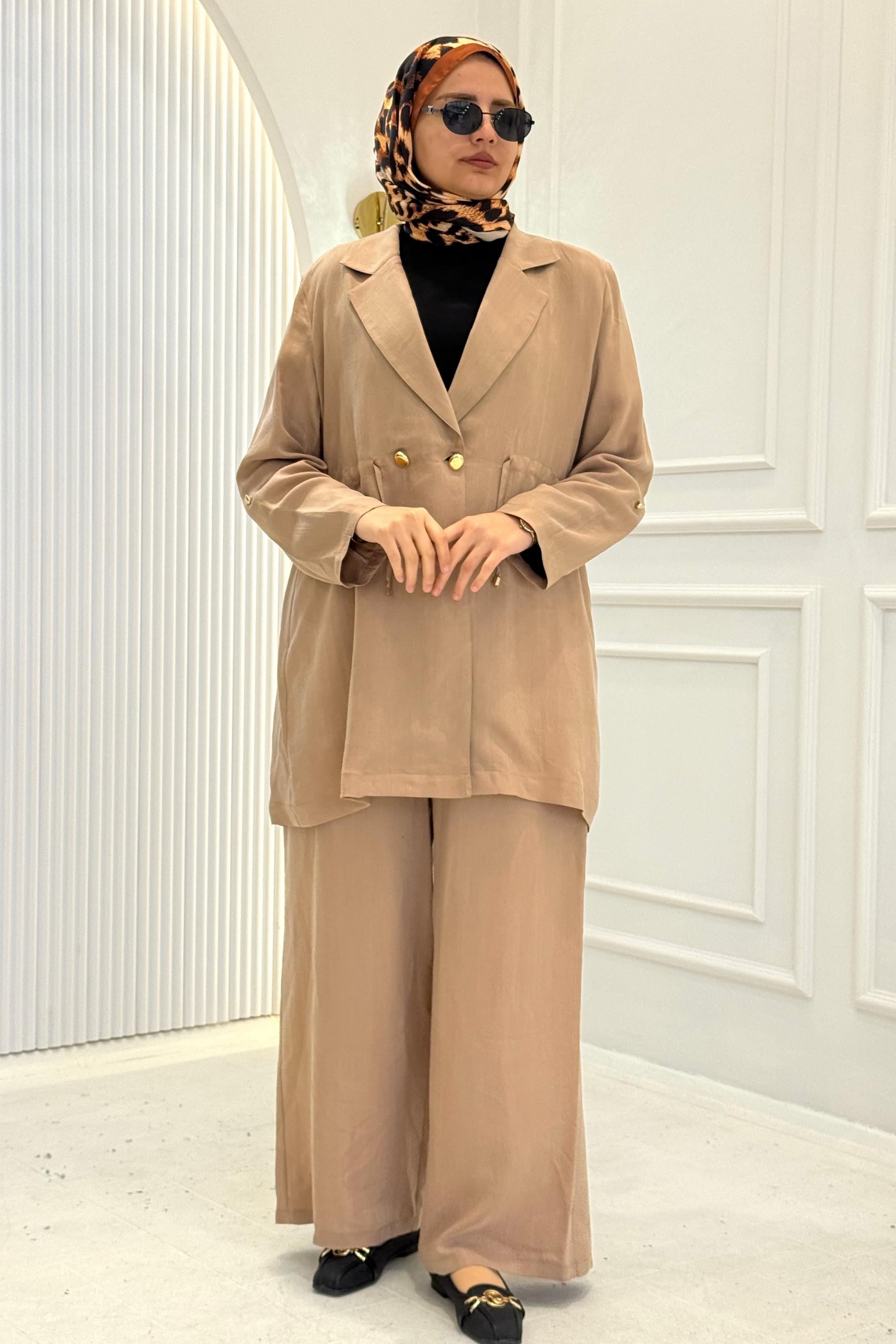 Büyük Beden Blazer Ceketli Pantolon Takım Vizon OTW1034