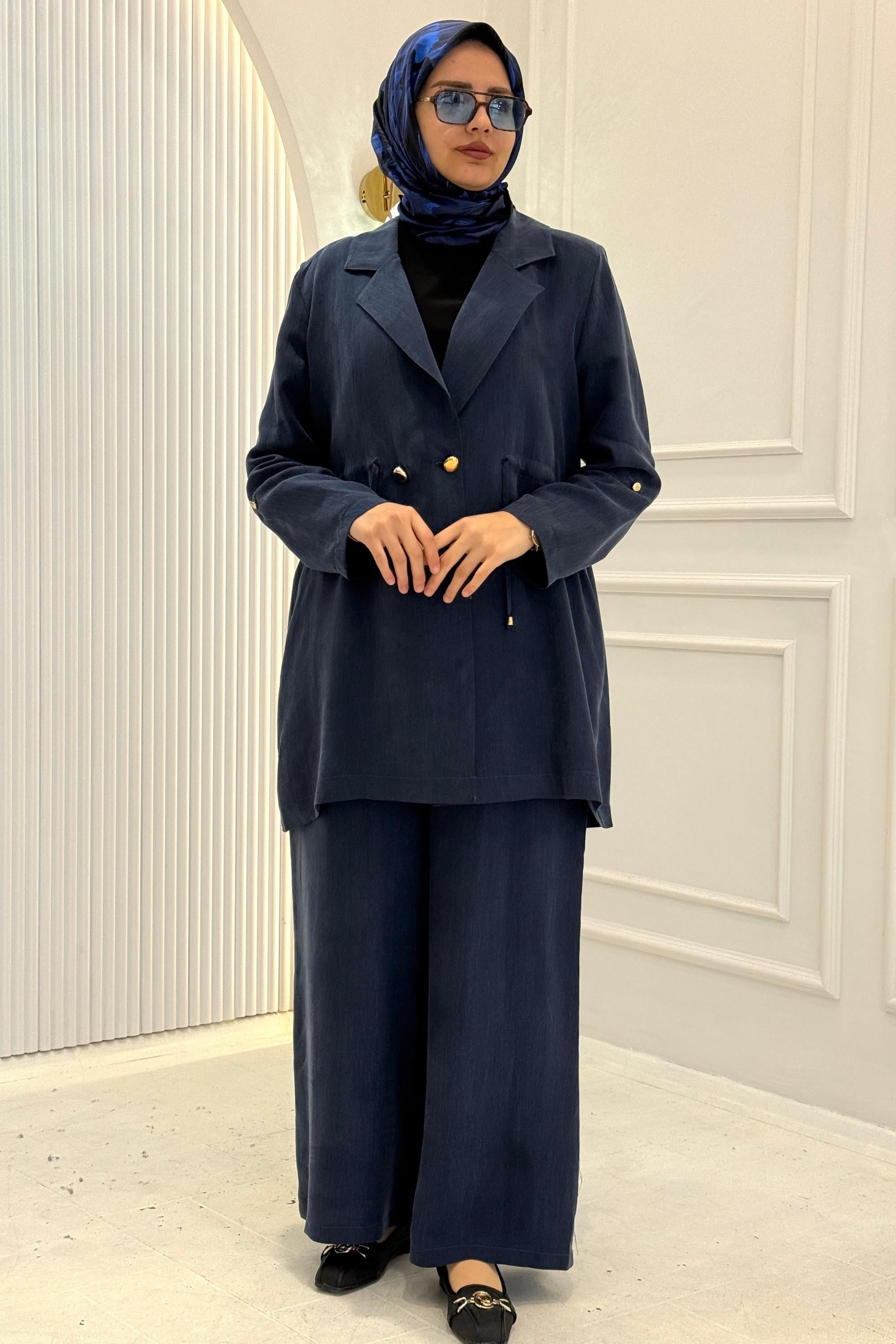 Büyük Beden Blazer Ceketli Pantolon Takım Lacivert OTW1034