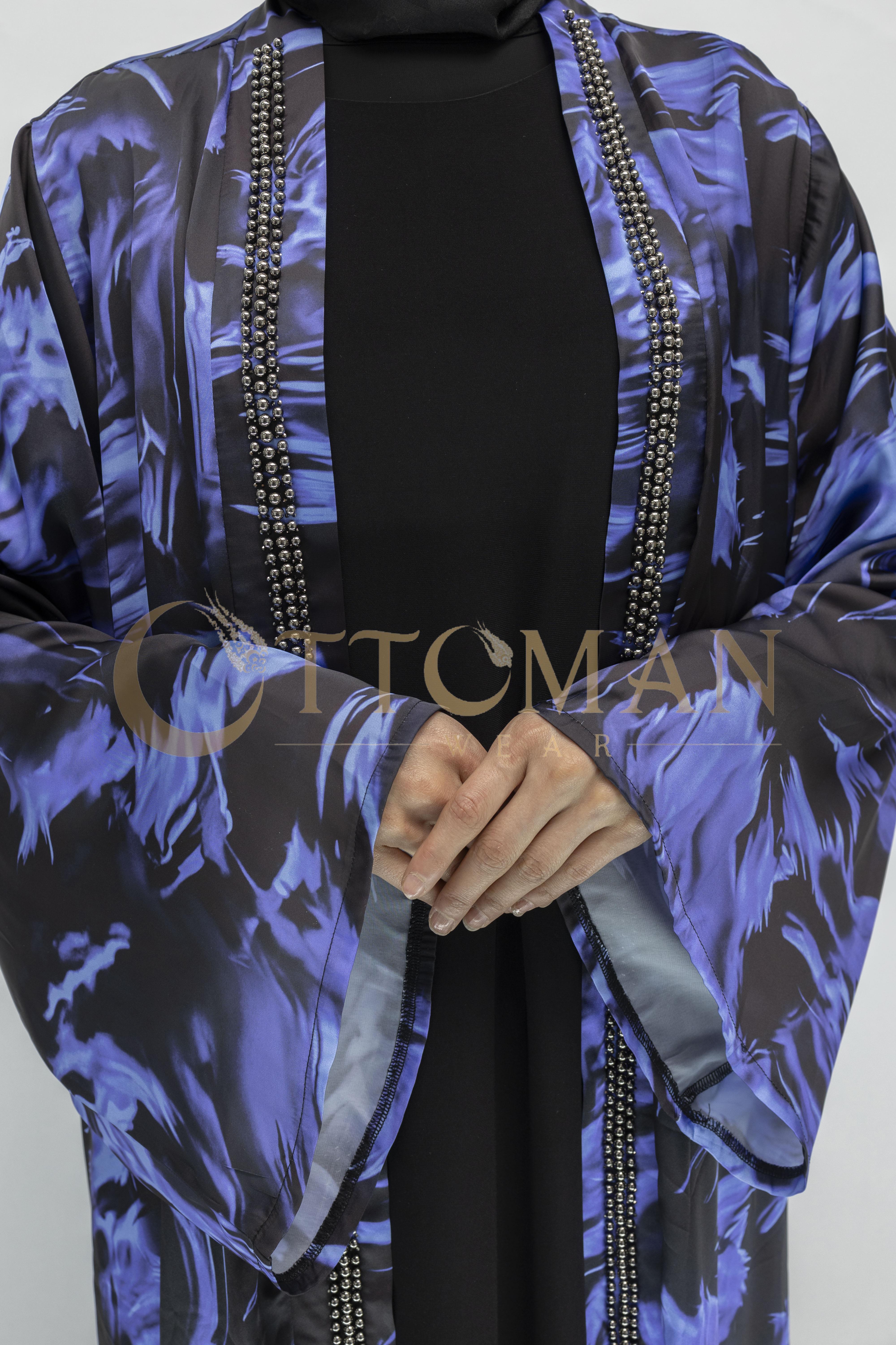 Büyük Beden Çakma İnci Detaylı Desenli Saten Abaya Takım Lavanta OTW2929