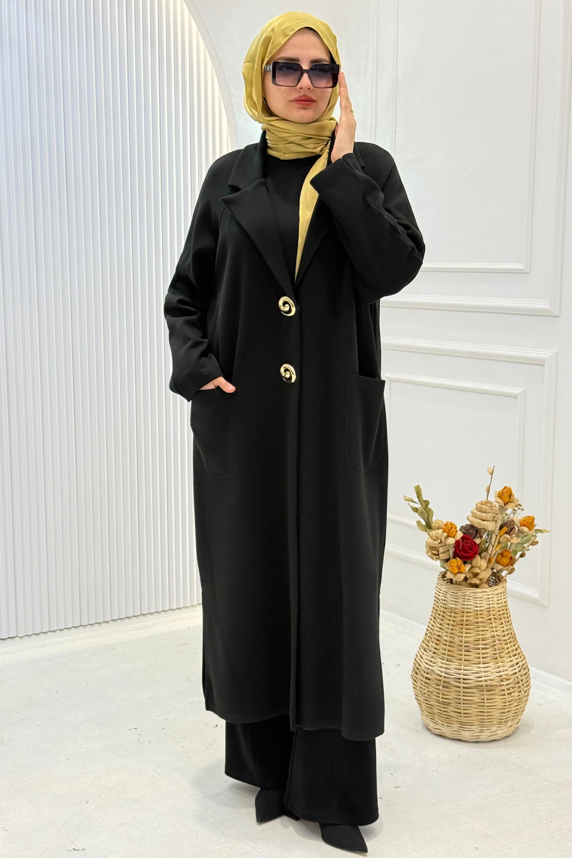 Büyük Beden Çelik Örme Düğme Detaylı Uzun Kap Siyah OTW14460