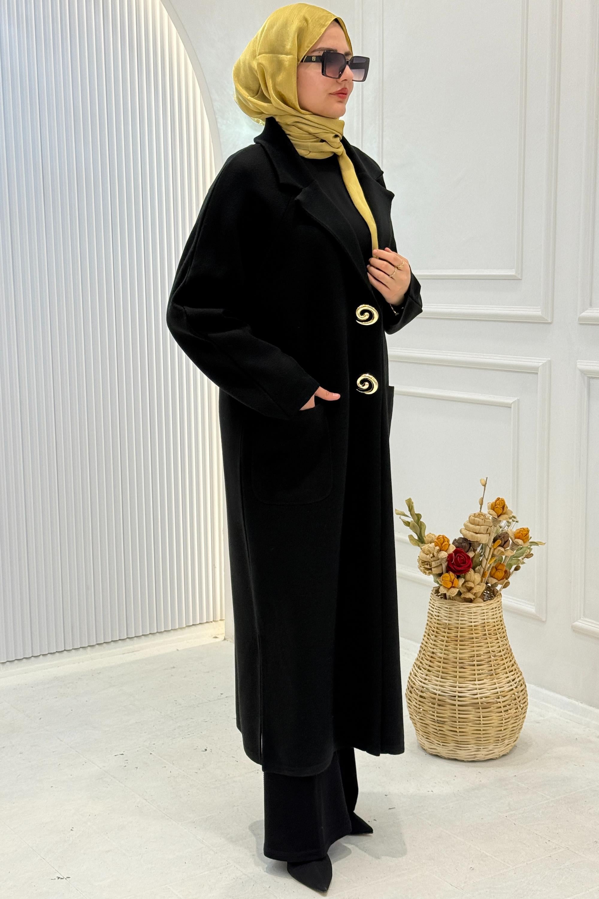 Büyük Beden Çelik Örme Düğme Detaylı Uzun Kap Siyah OTW14460