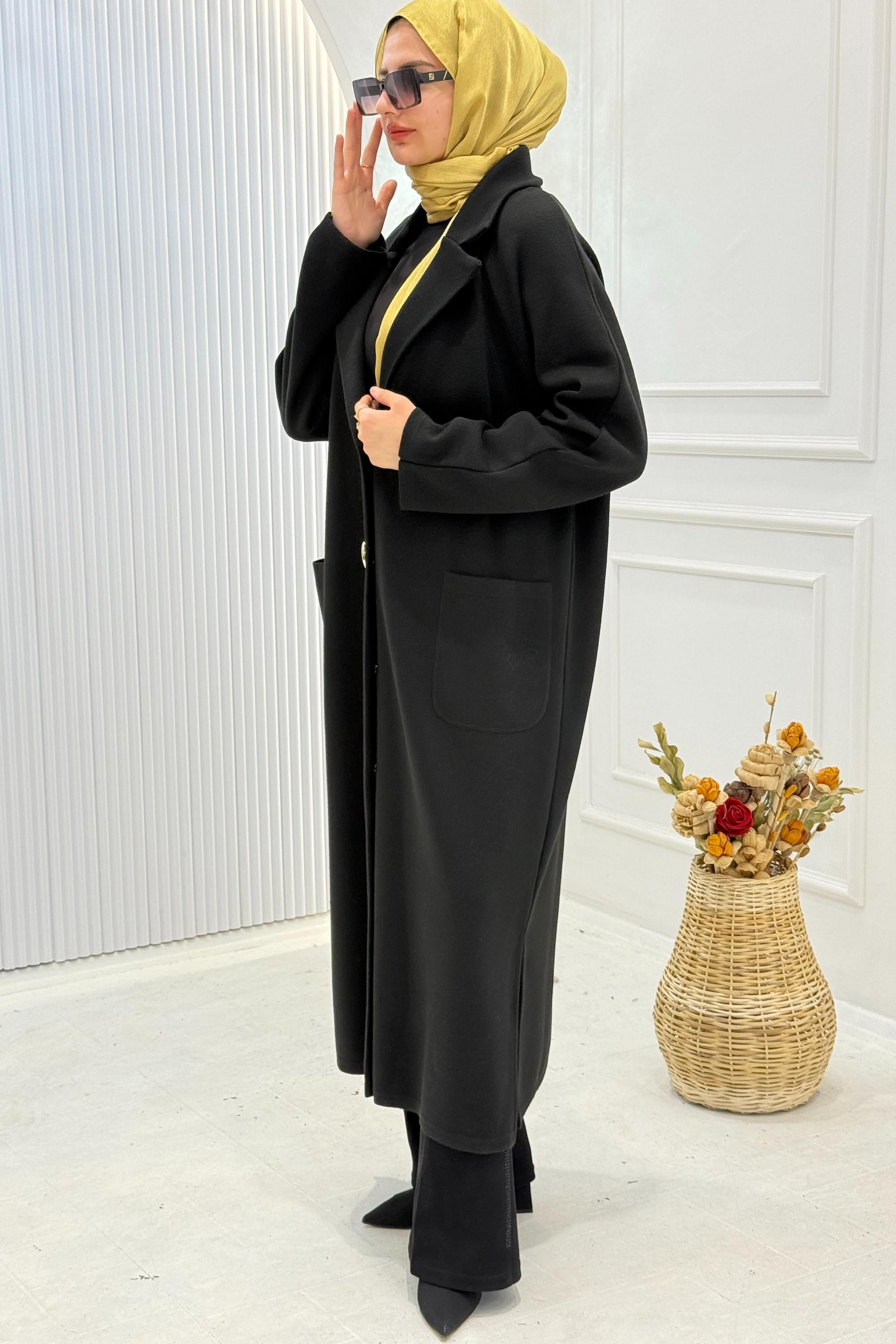 Büyük Beden Çelik Örme Düğme Detaylı Uzun Kap Siyah OTW14460