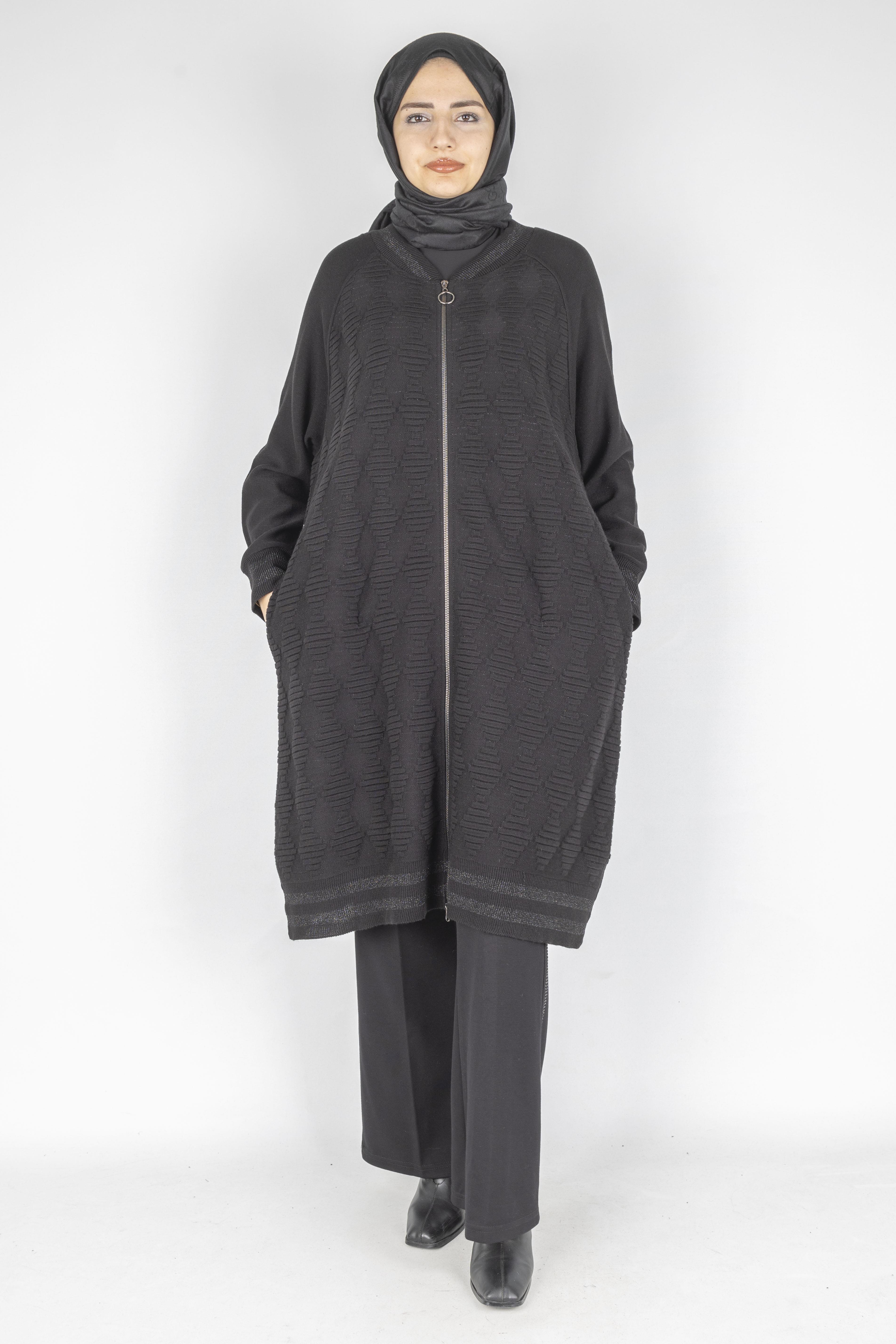 Büyük Beden Çelik Örme Fermuarlı Kap Siyah OTW5604