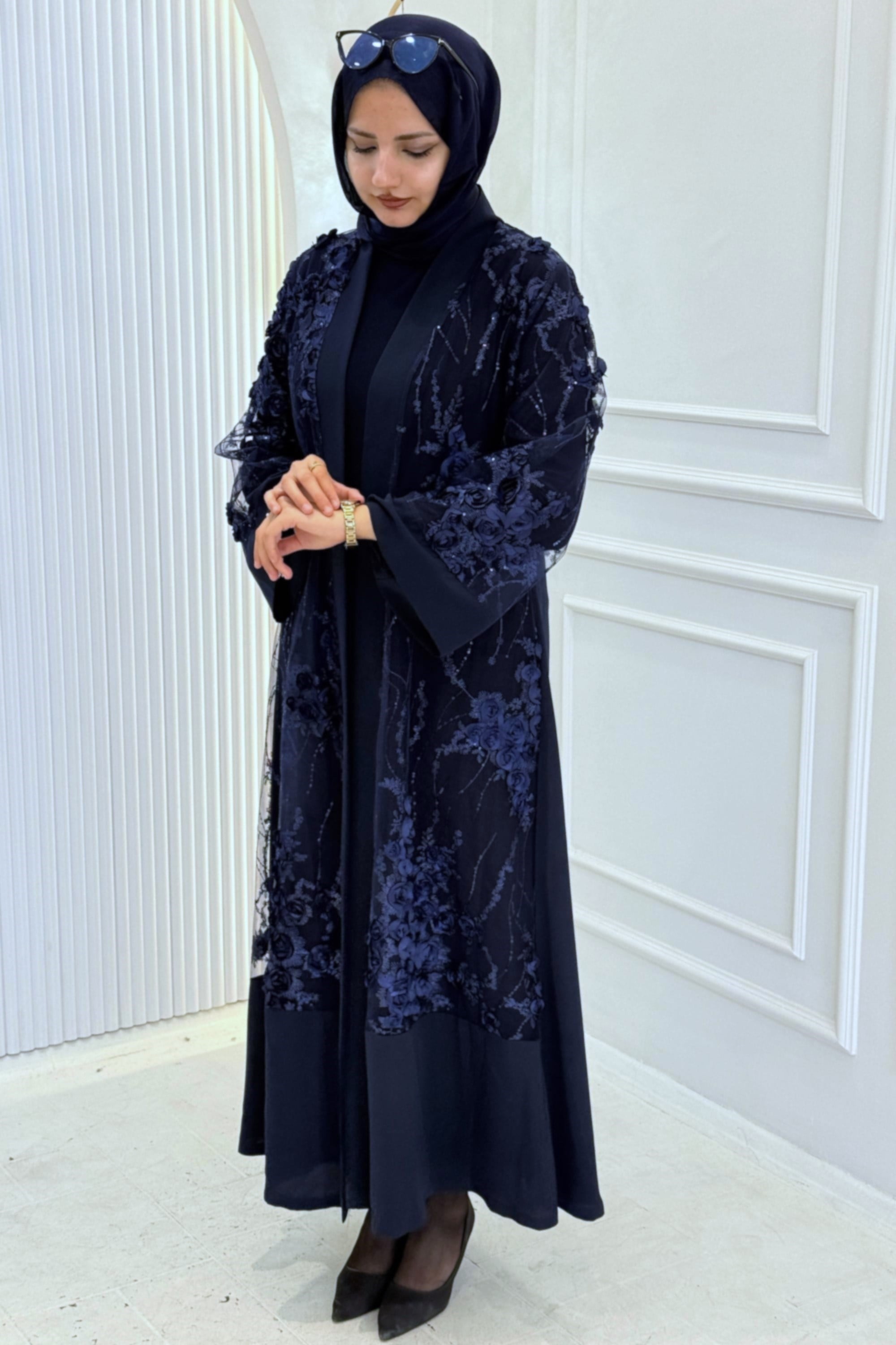 Büyük Beden Çiçek Detaylı Abaya Takım Lacivert OTW3094