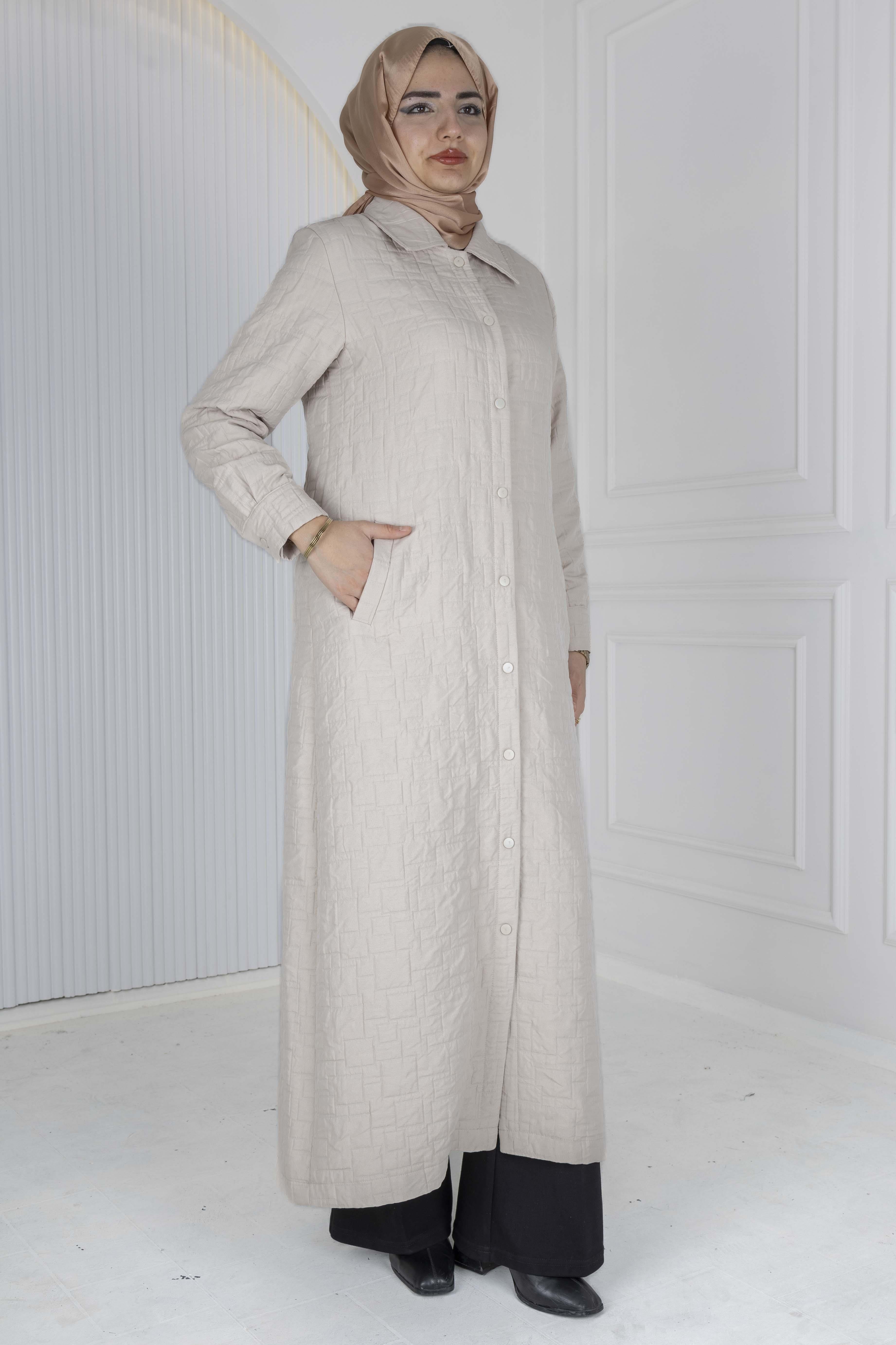 Büyük Beden Çıtçıtlı Kapitone Uzun Ferace Taş OTW5190