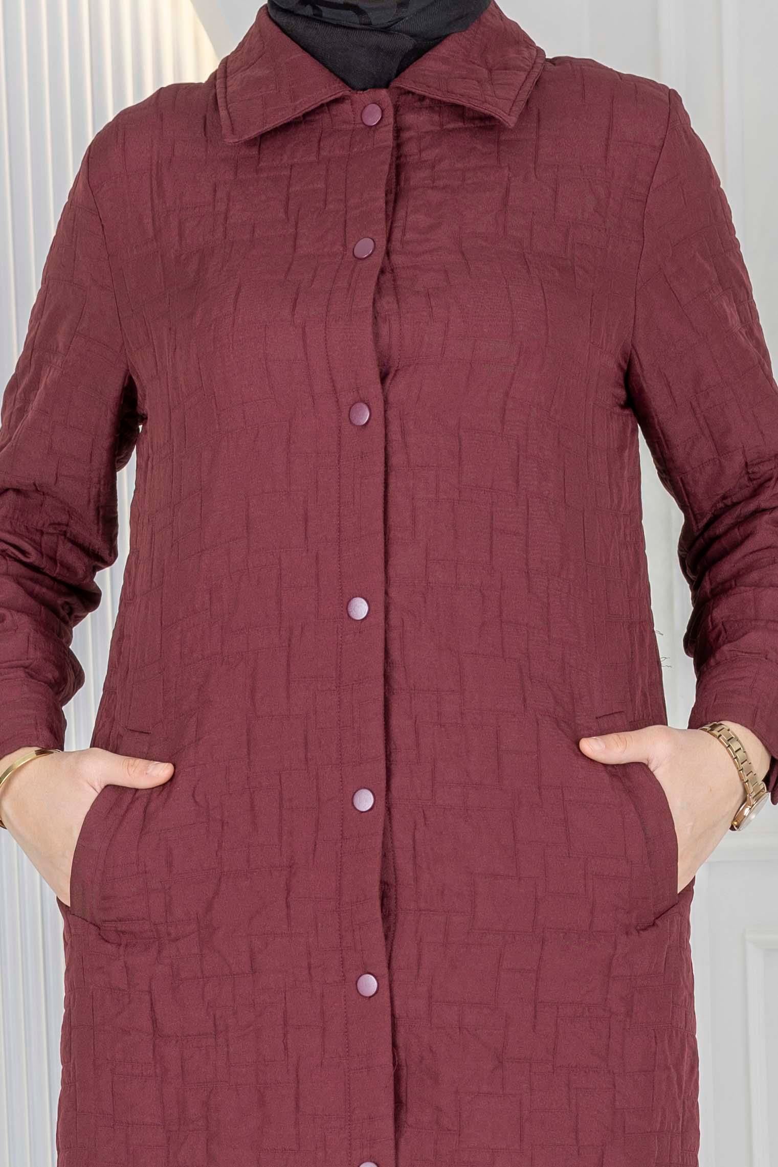 Büyük Beden Çıtçıtlı Kapitone Uzun Ferace Bordo OTW5190