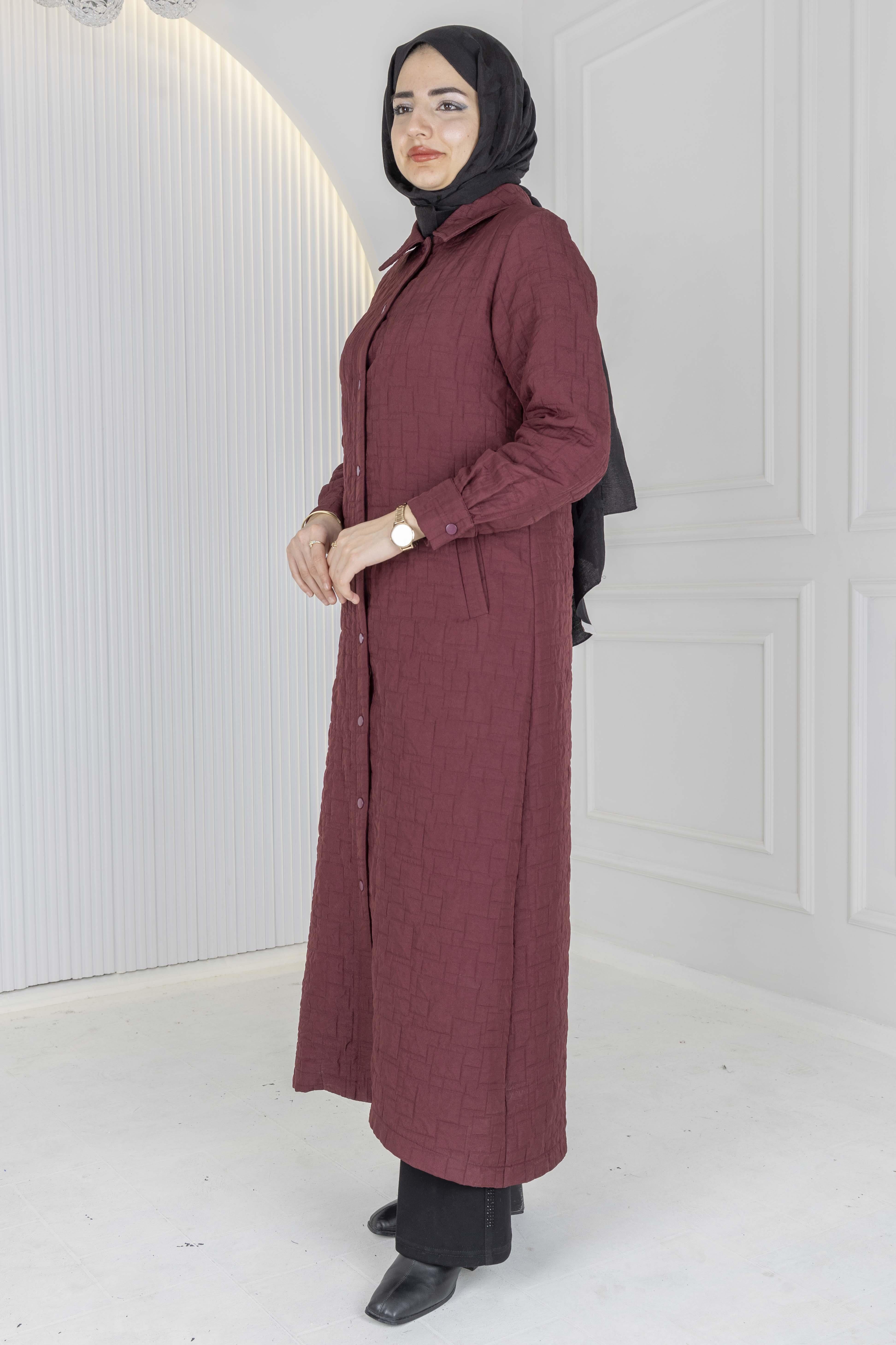 Büyük Beden Çıtçıtlı Kapitone Uzun Ferace Bordo OTW5190