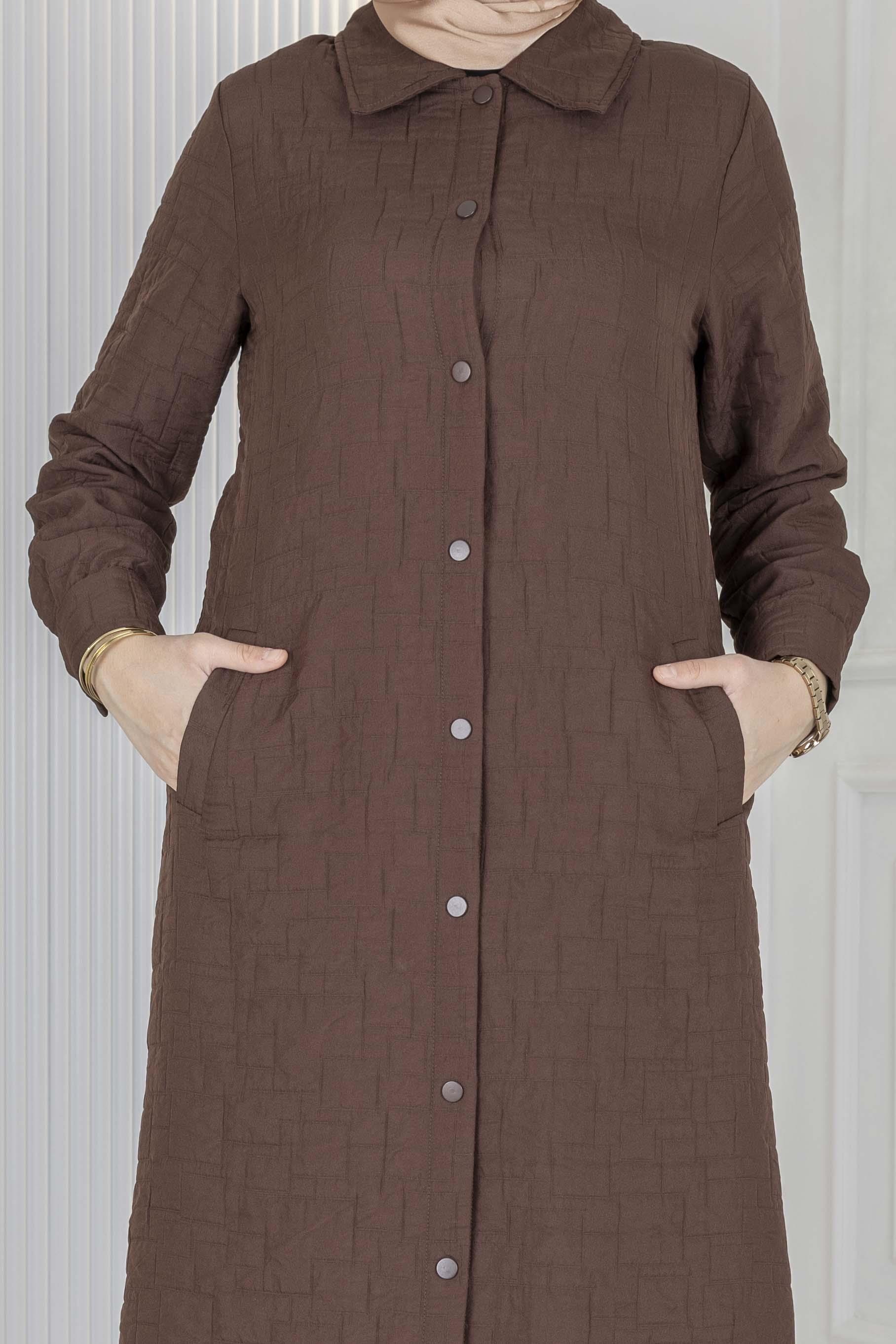 Büyük Beden Çıtçıtlı Kapitone Uzun Ferace Kahve OTW5190