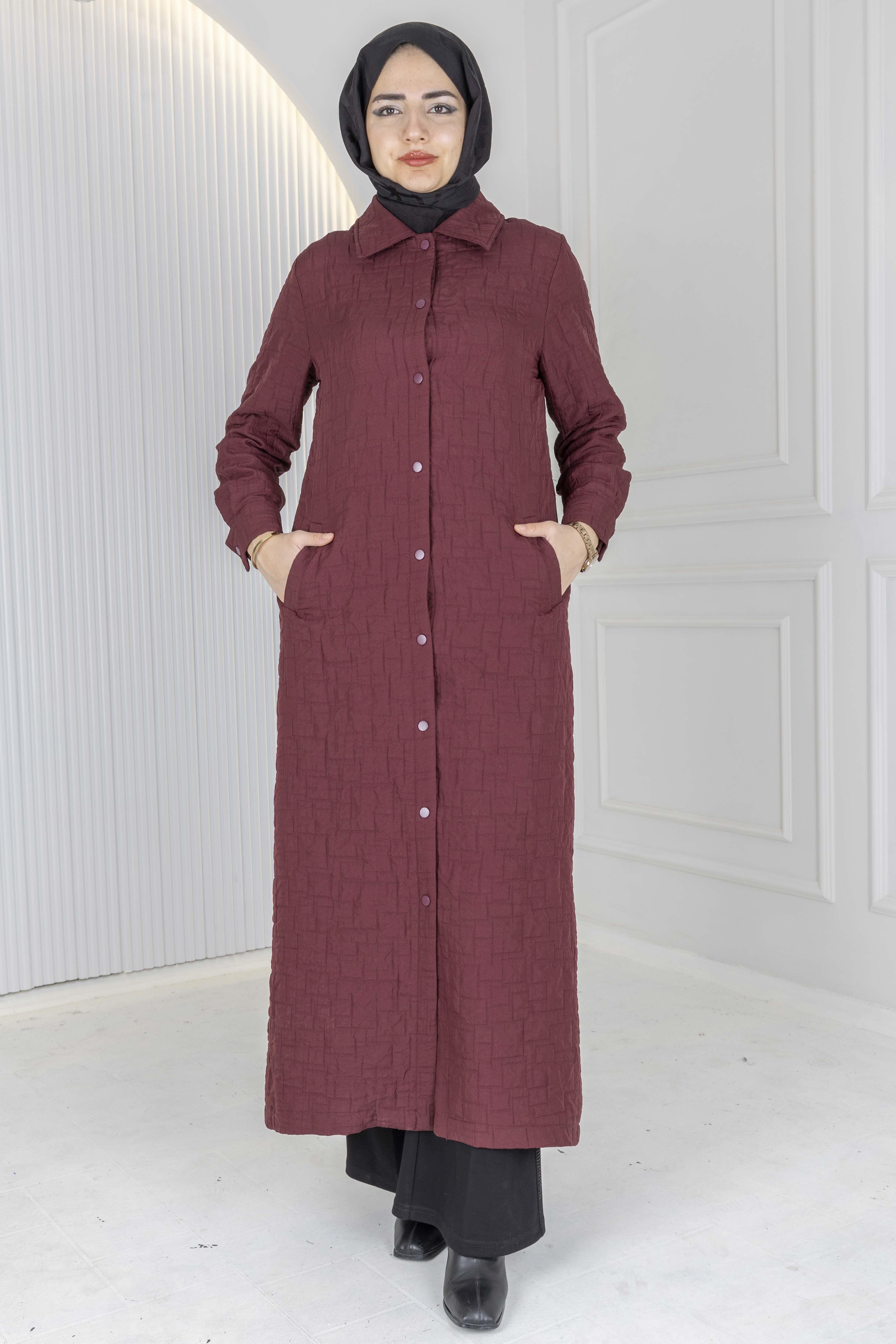 Büyük Beden Çıtçıtlı Kapitone Uzun Ferace Bordo OTW5190