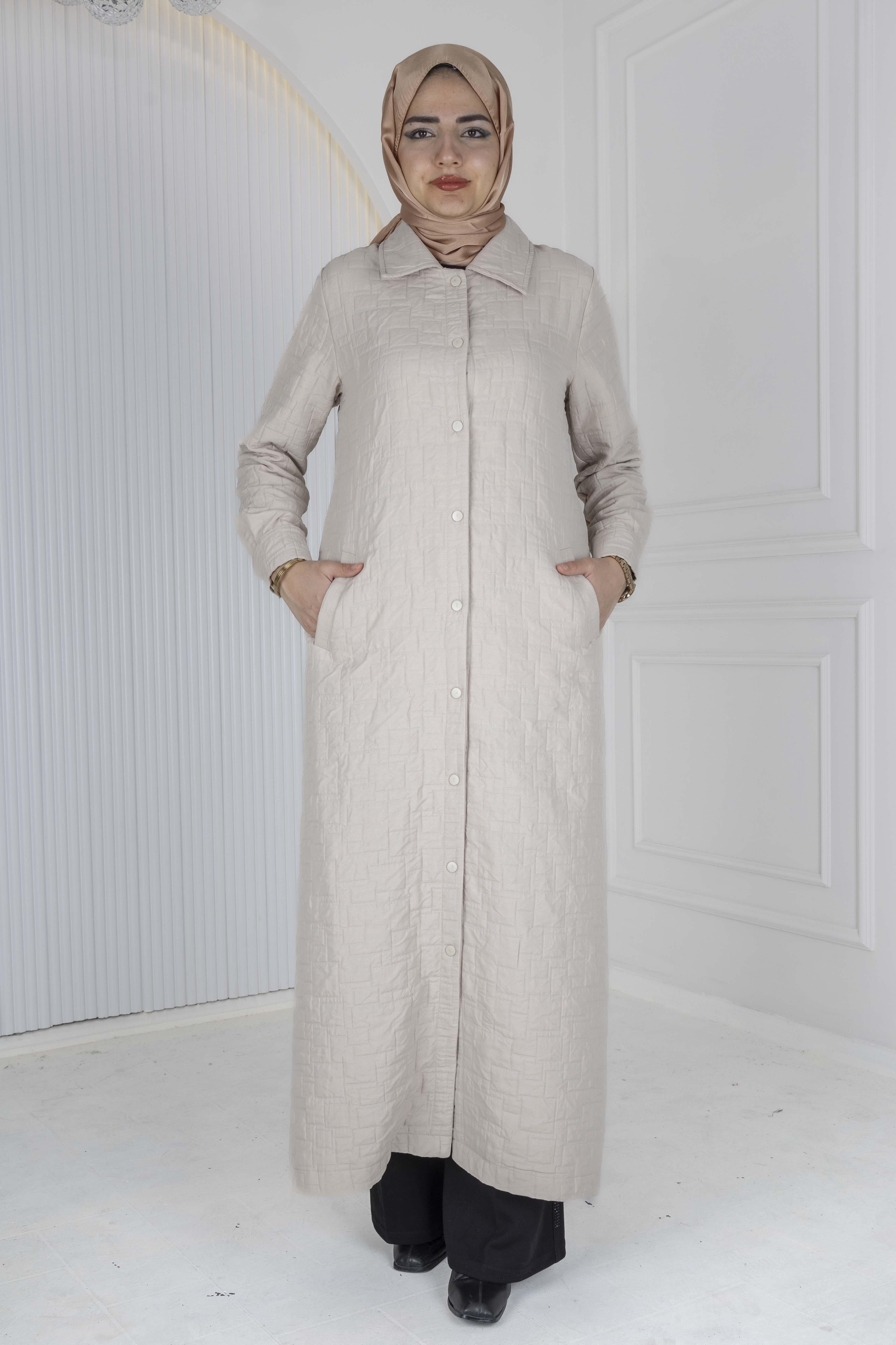 Büyük Beden Çıtçıtlı Kapitone Uzun Ferace Taş OTW5190