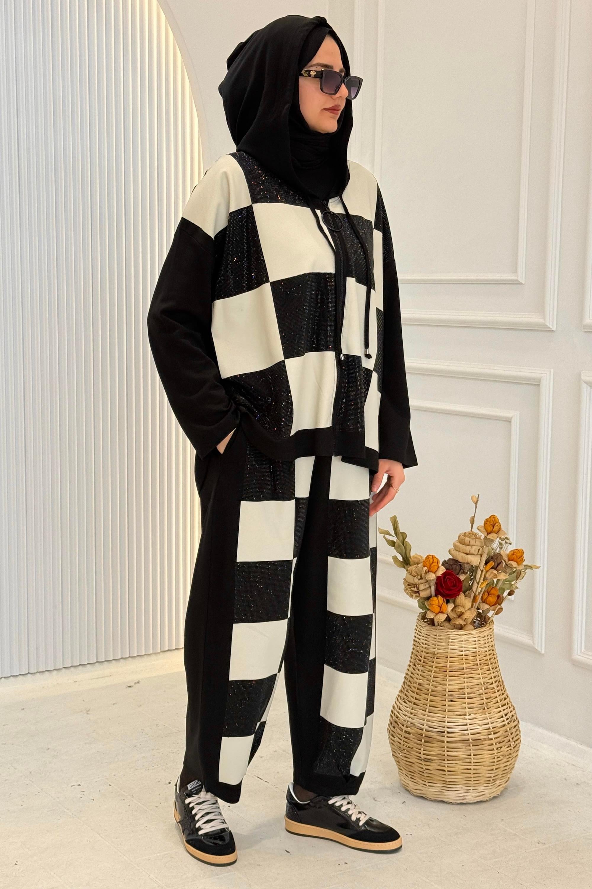 Büyük Beden Dama Desenli Kapüşonlu Spor Takım Siyah OTW9267