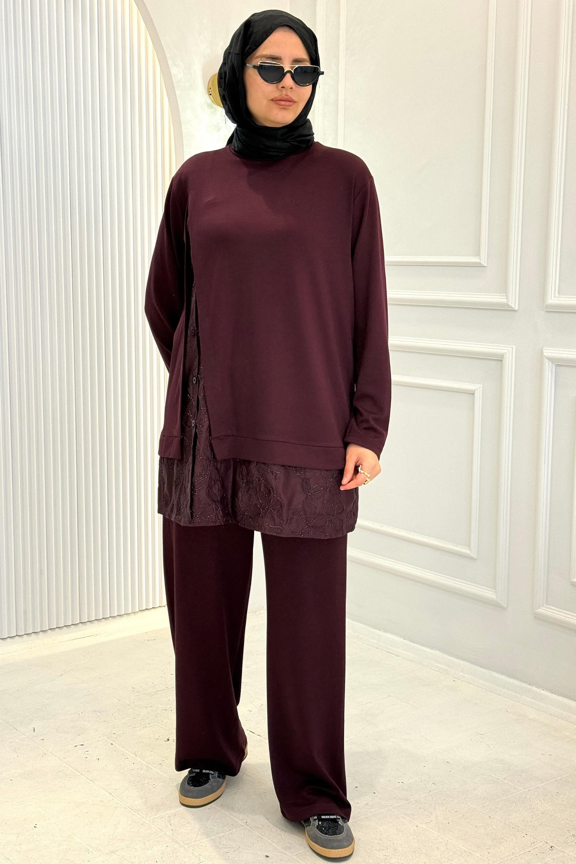 Büyük Beden Dantel Detaylı Pantolonlu Takım Bordo OTW341